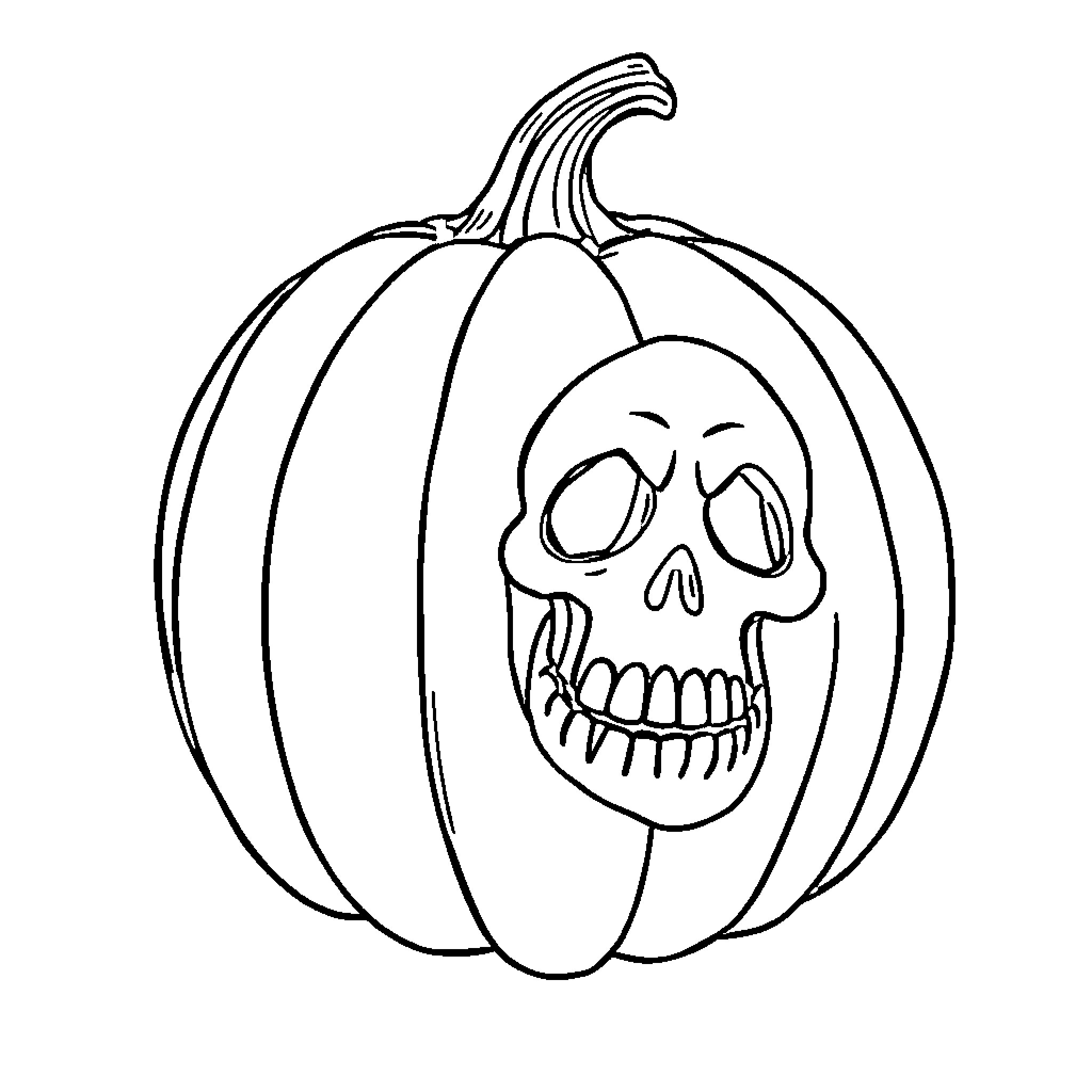 Pumpkin with a spooky skull face Coloring Page (free black-and-white line drawing printable PDF for all, from beginners to advanced learners, including children, teens, adults, and seniors)