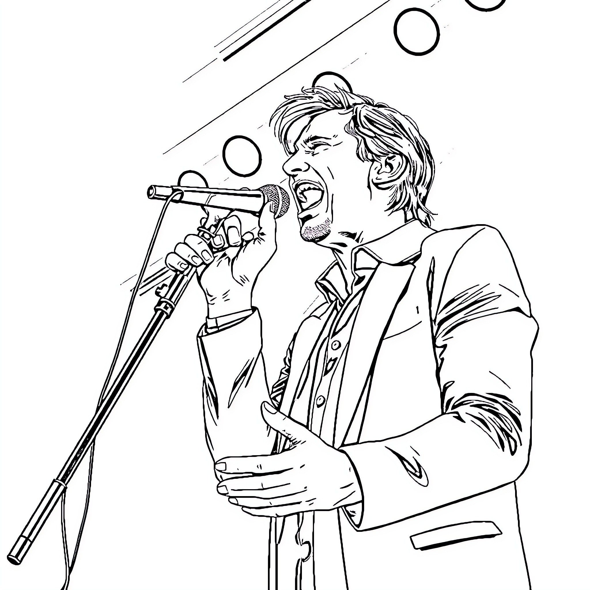 Ville Valo performing on stage with microphone Coloring Page (free black-and-white line drawing printable PDF for all, from beginners to advanced learners, including children, teens, adults, and seniors)