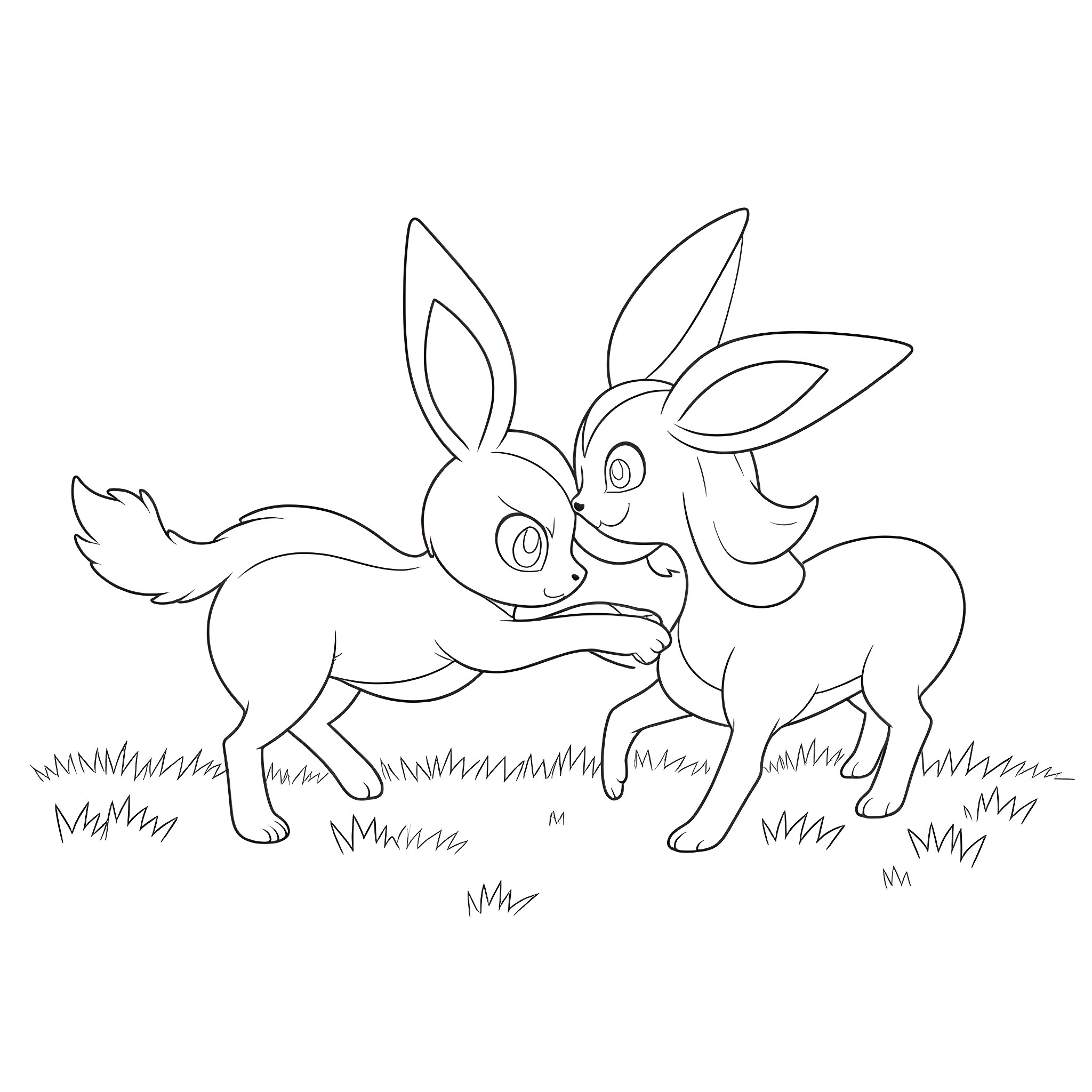 Pokémon Rabbits Playfully Chasing in the Grass Coloring Page (free black-and-white line drawing printable PDF for all, from beginners to advanced learners, including children, teens, adults, and seniors)