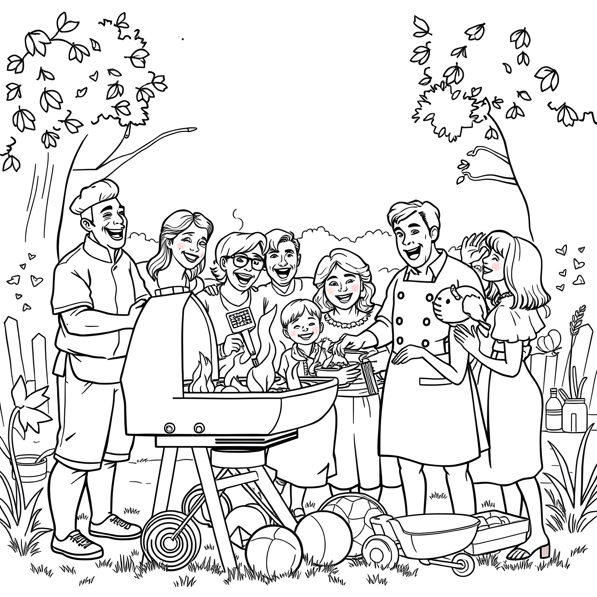 Chef Family Enjoying a Picnic Outdoors Coloring Page (free black-and-white line drawing printable PDF for all, from beginners to advanced learners, including children, teens, adults, and seniors)