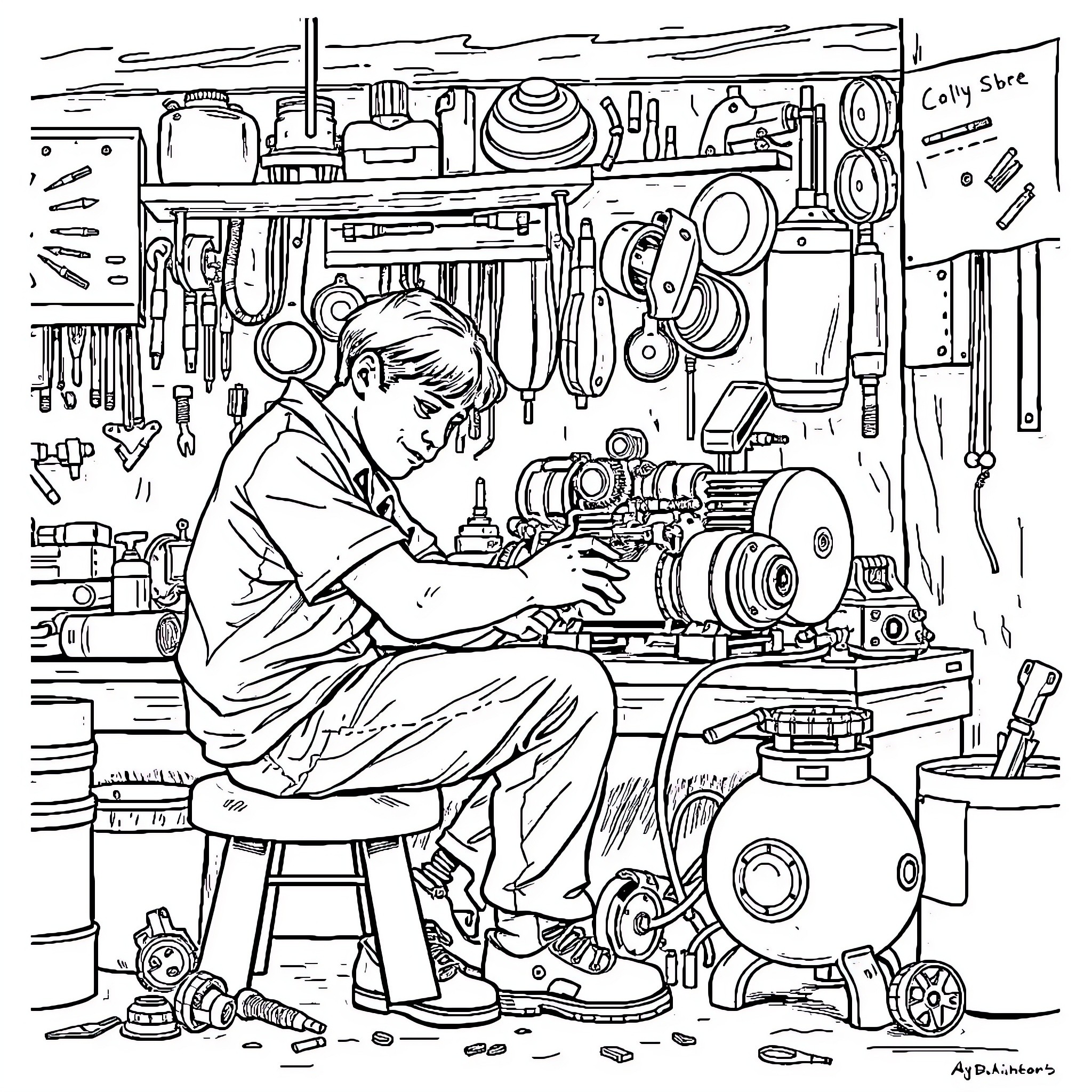 Guy working on tools and machinery in cluttered workshop Coloring Page (free black-and-white line drawing printable PDF for all, from beginners to advanced learners, including children, teens, adults, and seniors)