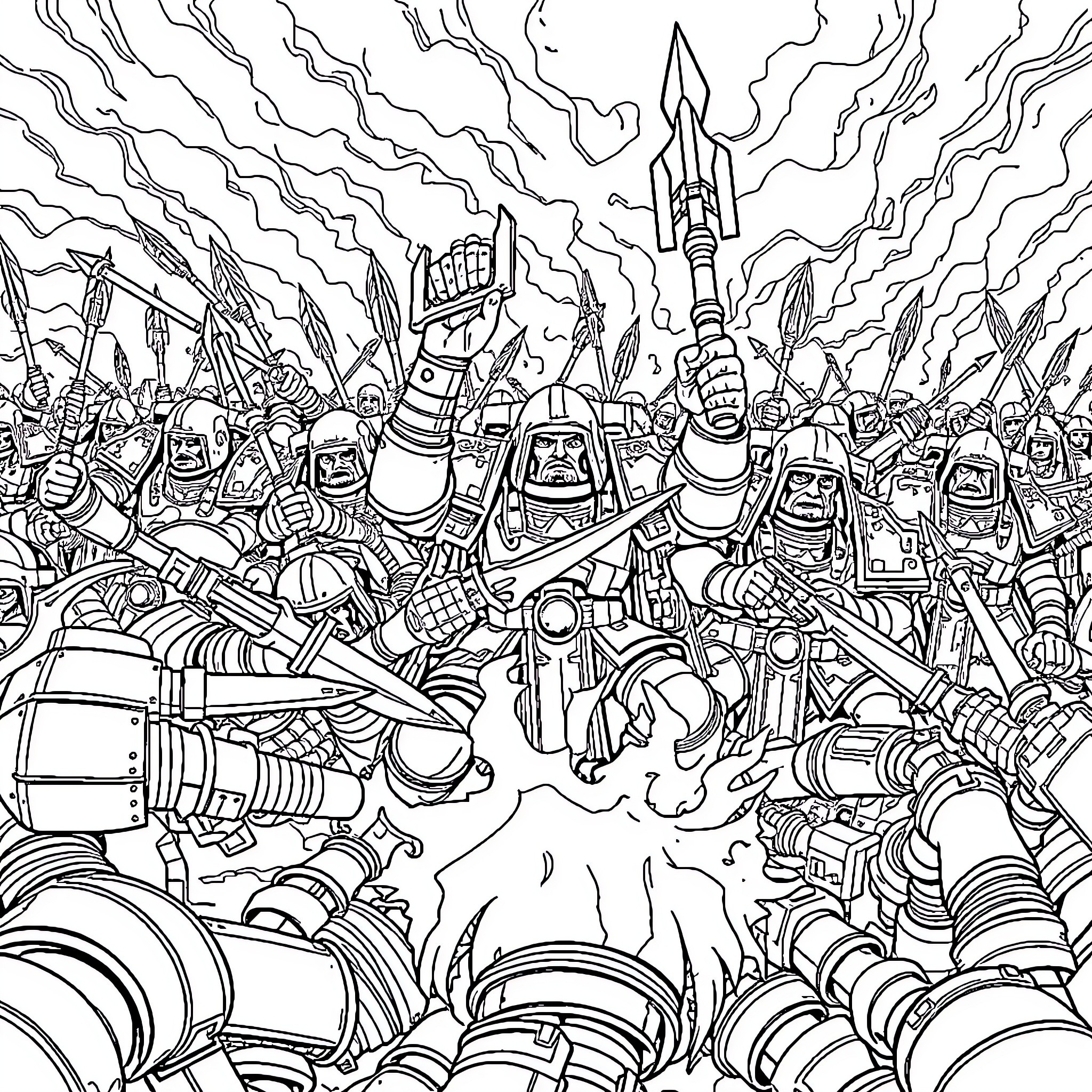 Ultramarines in Intense Battle Amidst Chaos Coloring Page (free black-and-white line drawing printable PDF for all, from beginners to advanced learners, including children, teens, adults, and seniors)