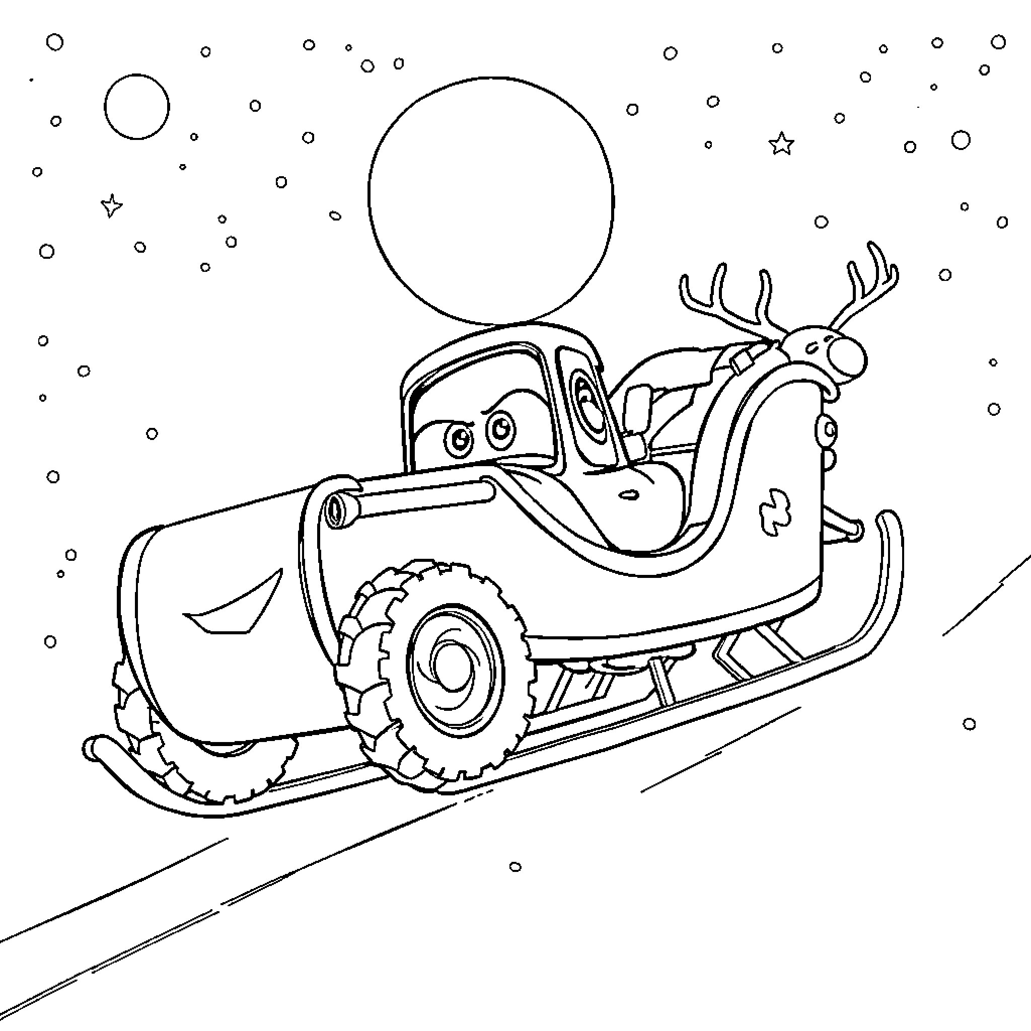 Lightning McQueen driving a snow plow in winter wonderland Coloring Page (free black-and-white line drawing printable PDF for all, from beginners to advanced learners, including children, teens, adults, and seniors)