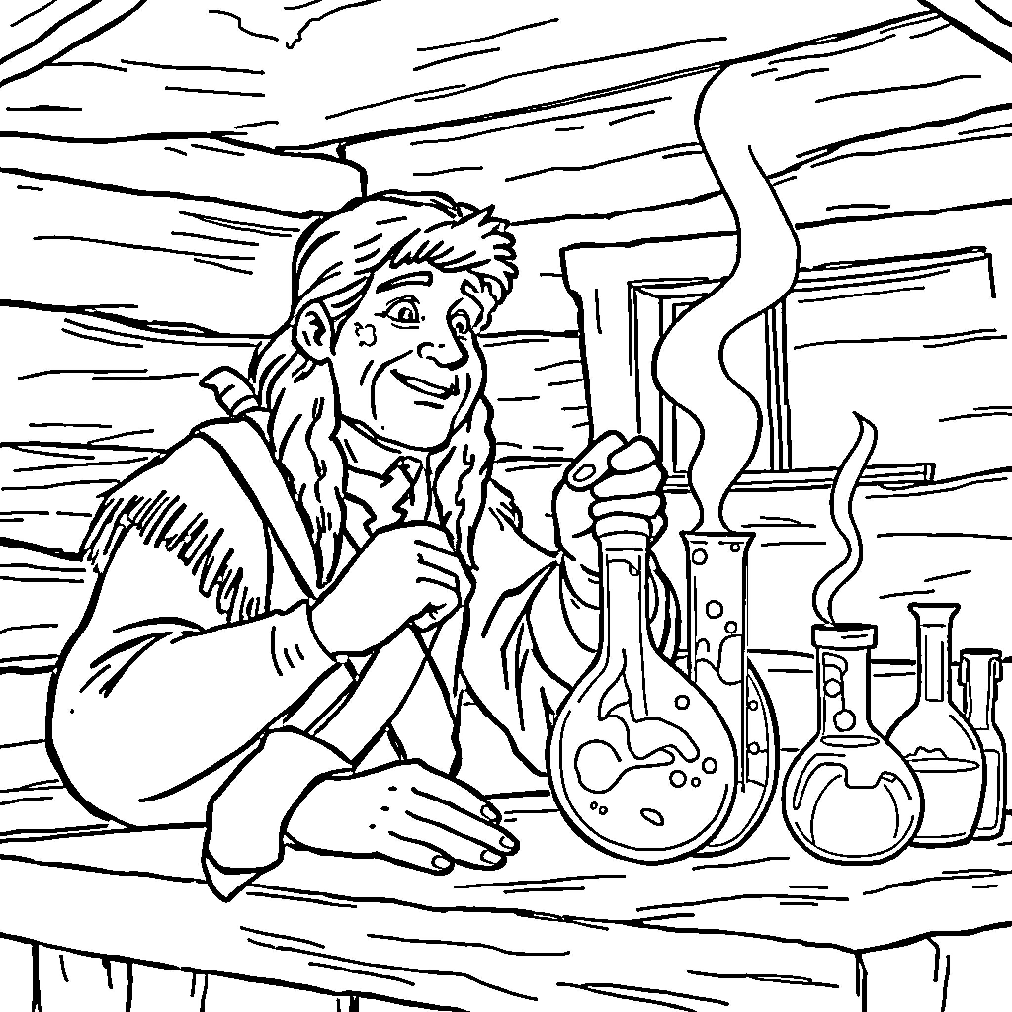 Davy Crockett Experiments with Scientific Instruments Coloring Page (free black-and-white line drawing printable PDF for all, from beginners to advanced learners, including children, teens, adults, and seniors)