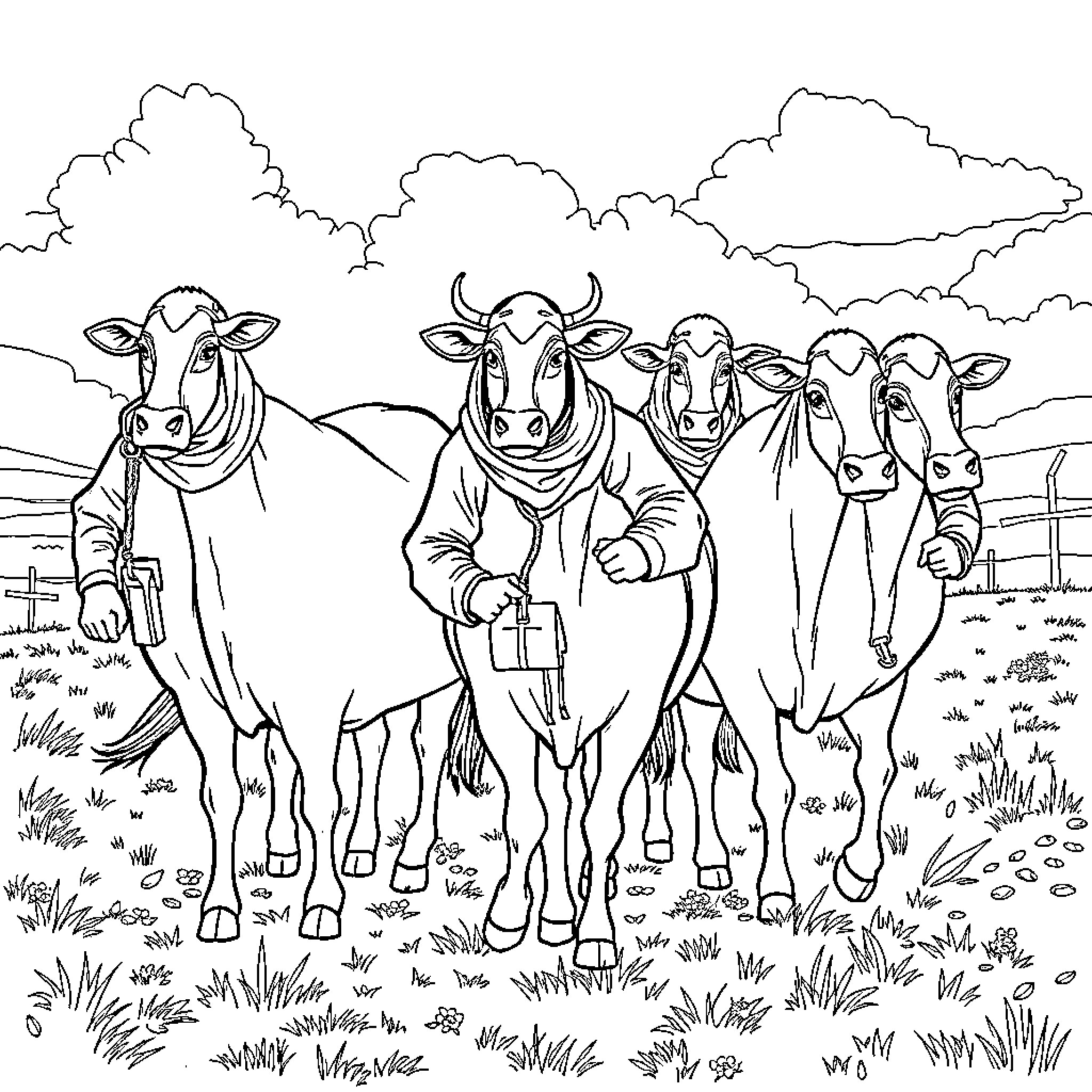 Huntrix herd of cows grazing in the countryside Coloring Page (free black-and-white line drawing printable PDF for all, from beginners to advanced learners, including children, teens, adults, and seniors)