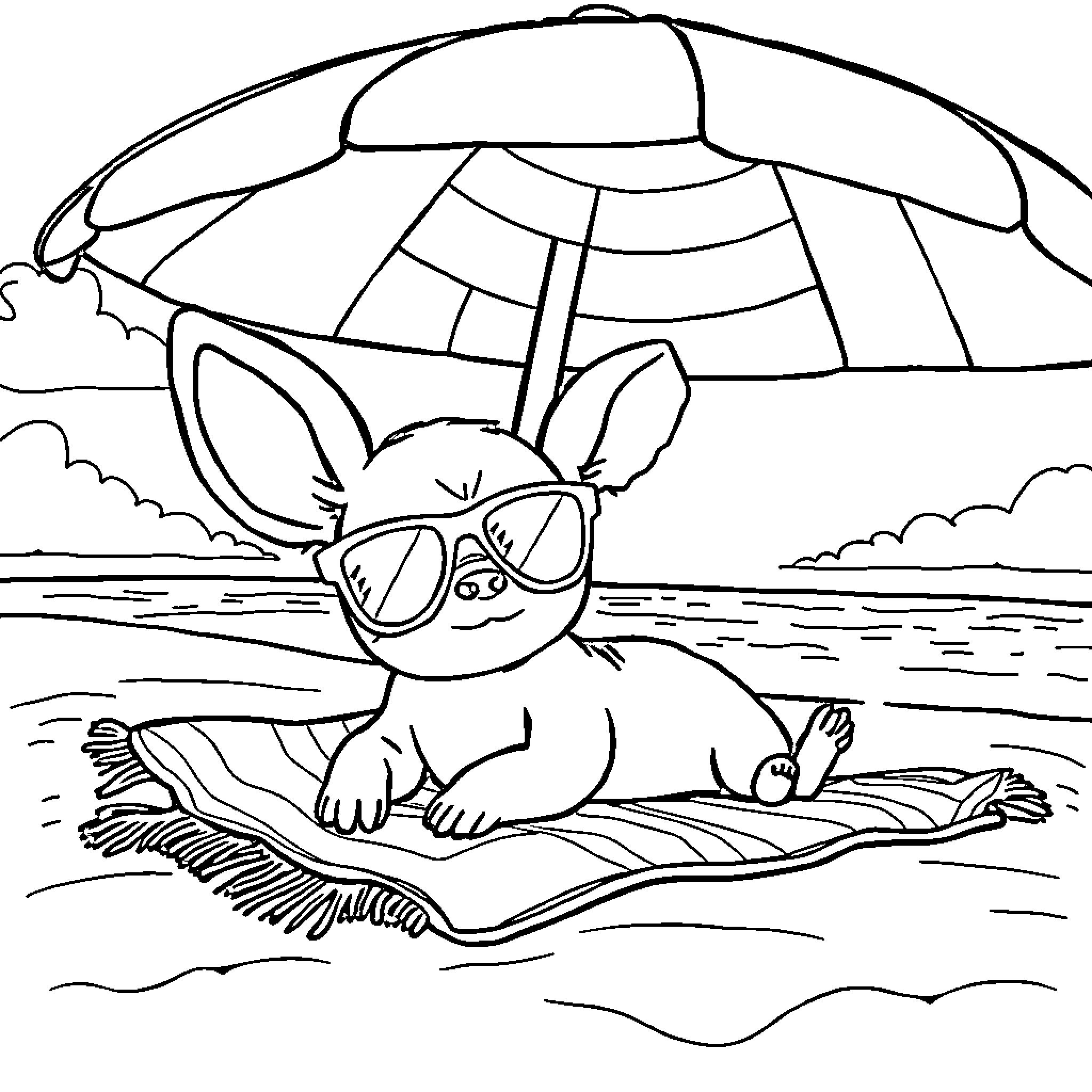 Pichu relaxing on the beach under an umbrella Coloring Page (free black-and-white line drawing printable PDF for all, from beginners to advanced learners, including children, teens, adults, and seniors)