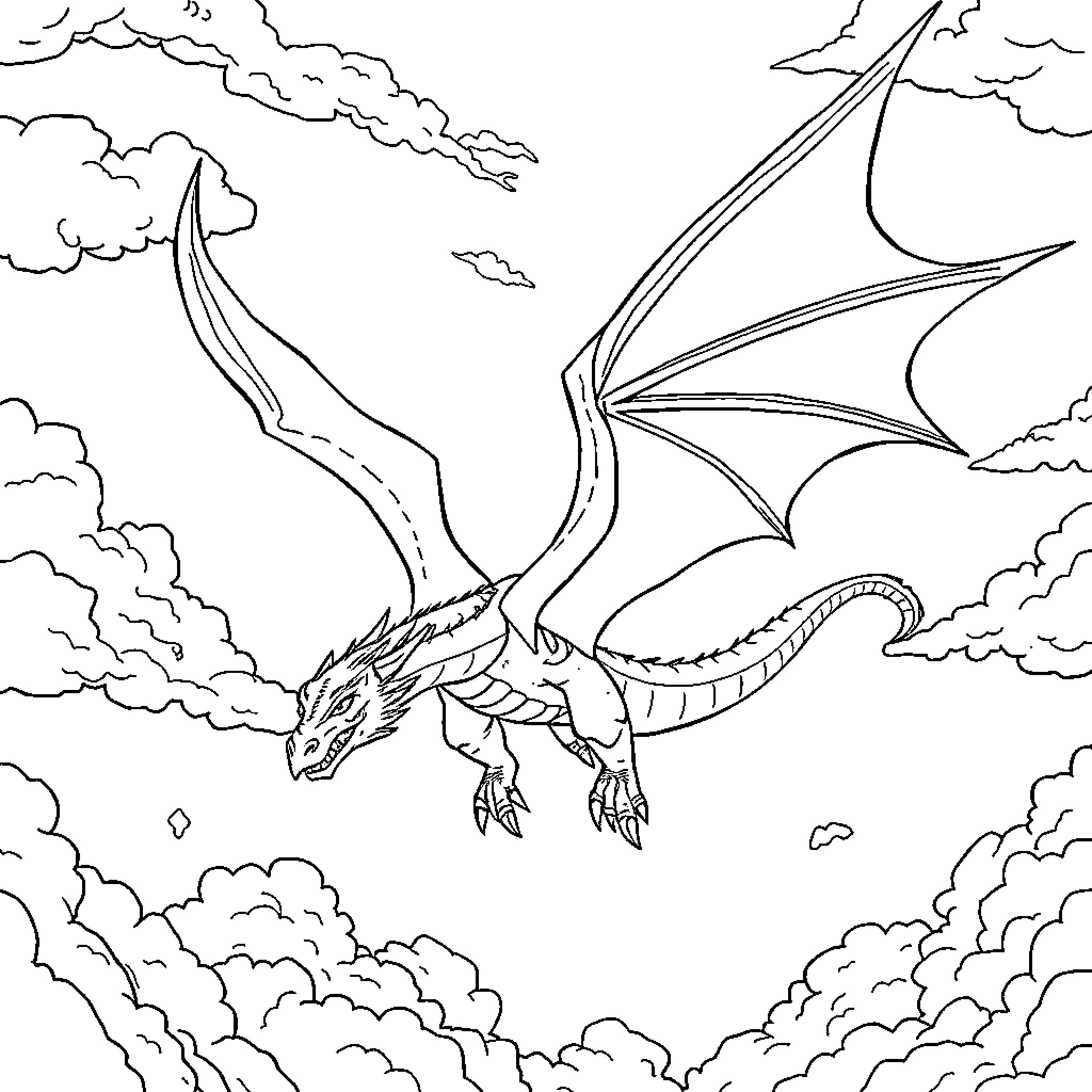 Dragon soaring through the cloudy skies Coloring Page (free black-and-white line drawing printable PDF for all, from beginners to advanced learners, including children, teens, adults, and seniors)