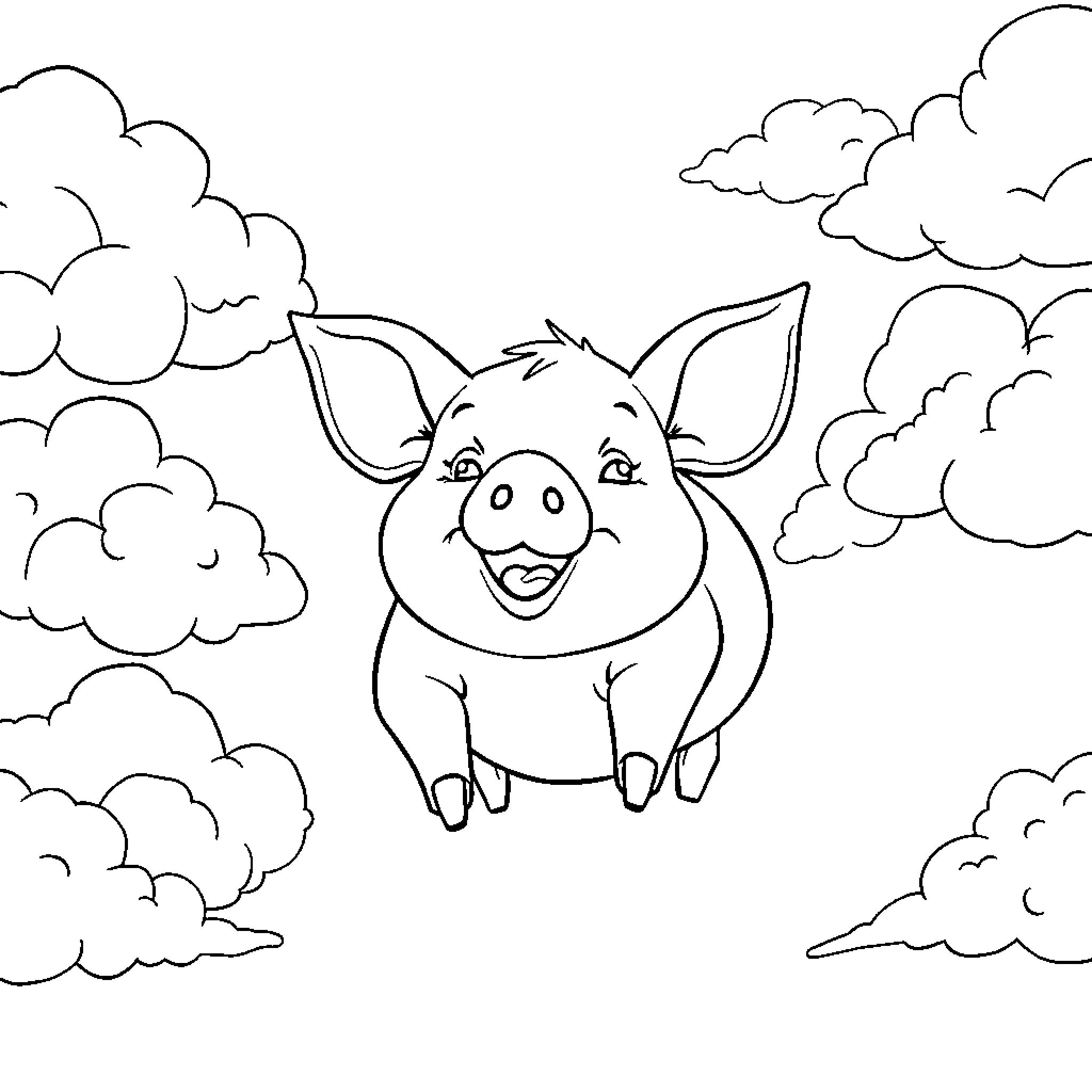 Pig flying happily in the cloudy sky Coloring Page (free black-and-white line drawing printable PDF for all, from beginners to advanced learners, including children, teens, adults, and seniors)
