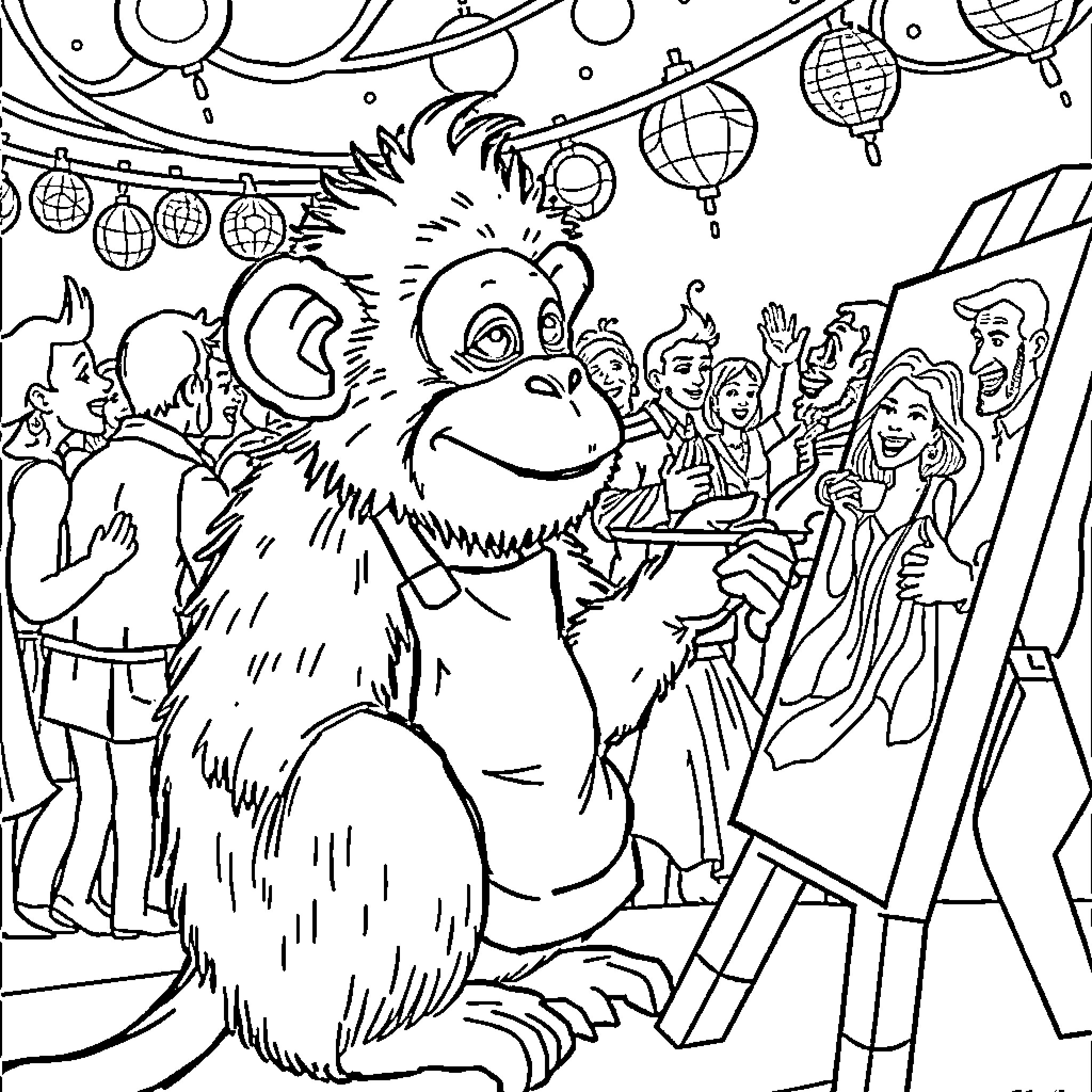 Monkey enjoying a lively party with festive decorations Coloring Page (free black-and-white line drawing printable PDF for all, from beginners to advanced learners, including children, teens, adults, and seniors)