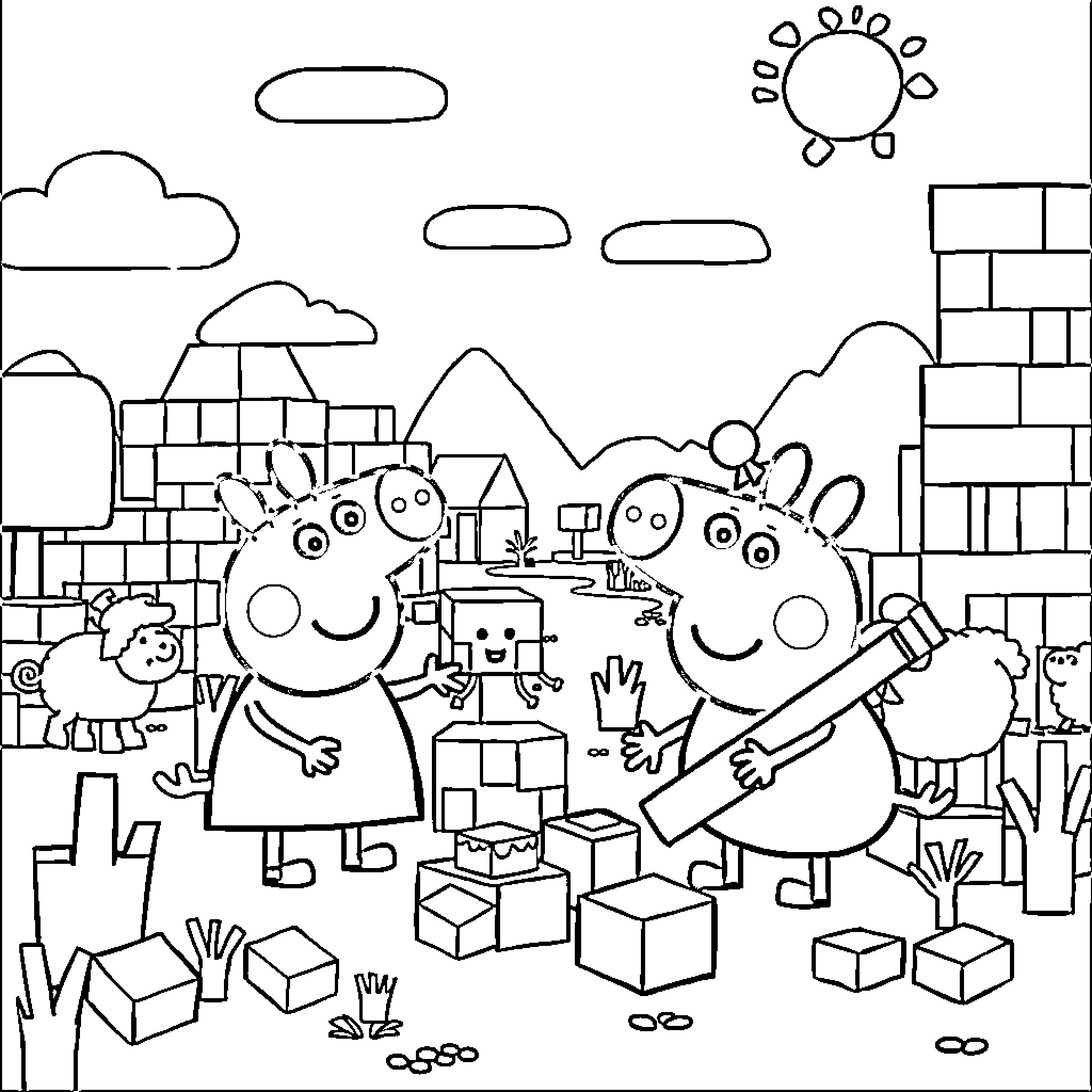 Peppa Pig and friends exploring the town Coloring Page (free black-and-white line drawing printable PDF for all, from beginners to advanced learners, including children, teens, adults, and seniors)