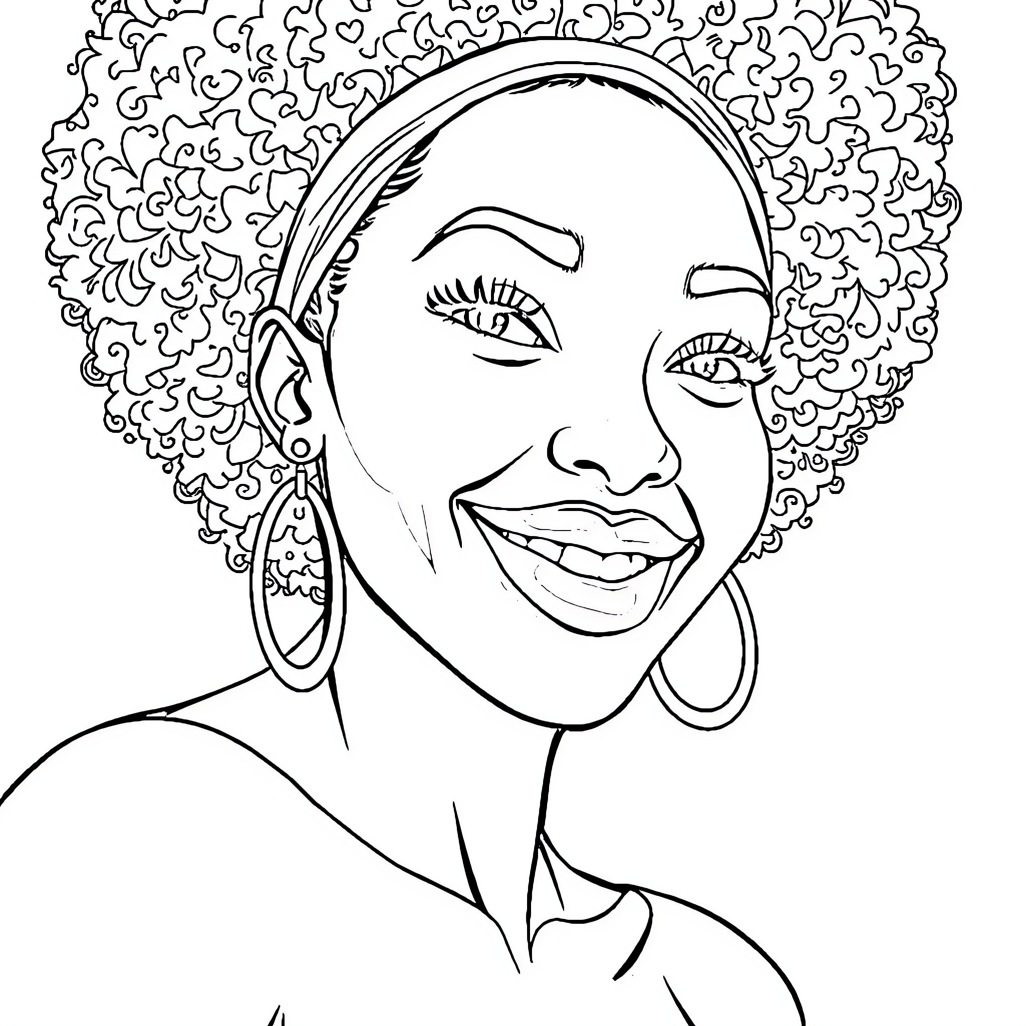 Woman with Curly Hair Smiling Joyfully Coloring Page (free black-and-white line drawing printable PDF for all, from beginners to advanced learners, including children, teens, adults, and seniors)