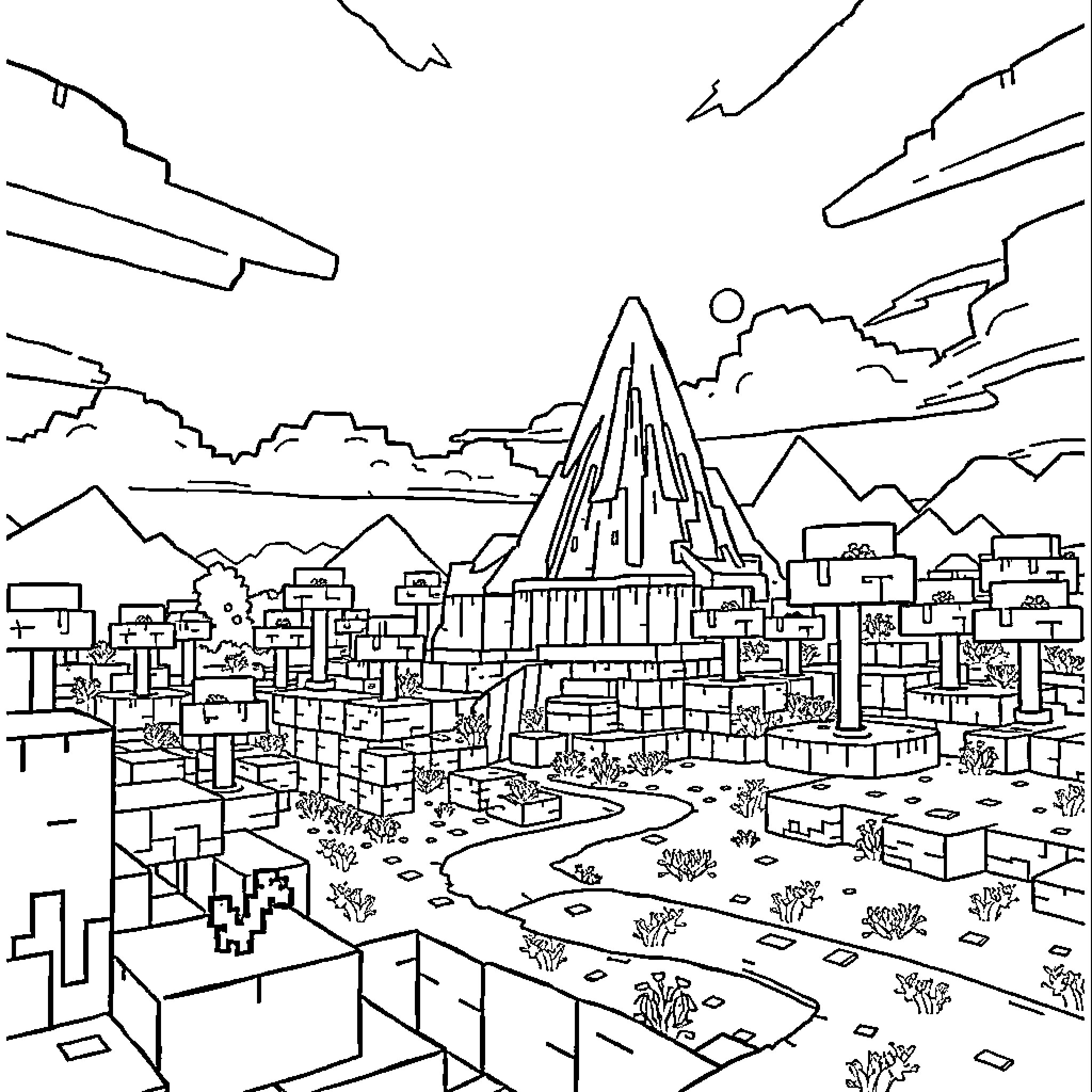 Minecraft landscape with a towering mountain in the distance Coloring Page (free black-and-white line drawing printable PDF for all, from beginners to advanced learners, including children, teens, adults, and seniors)