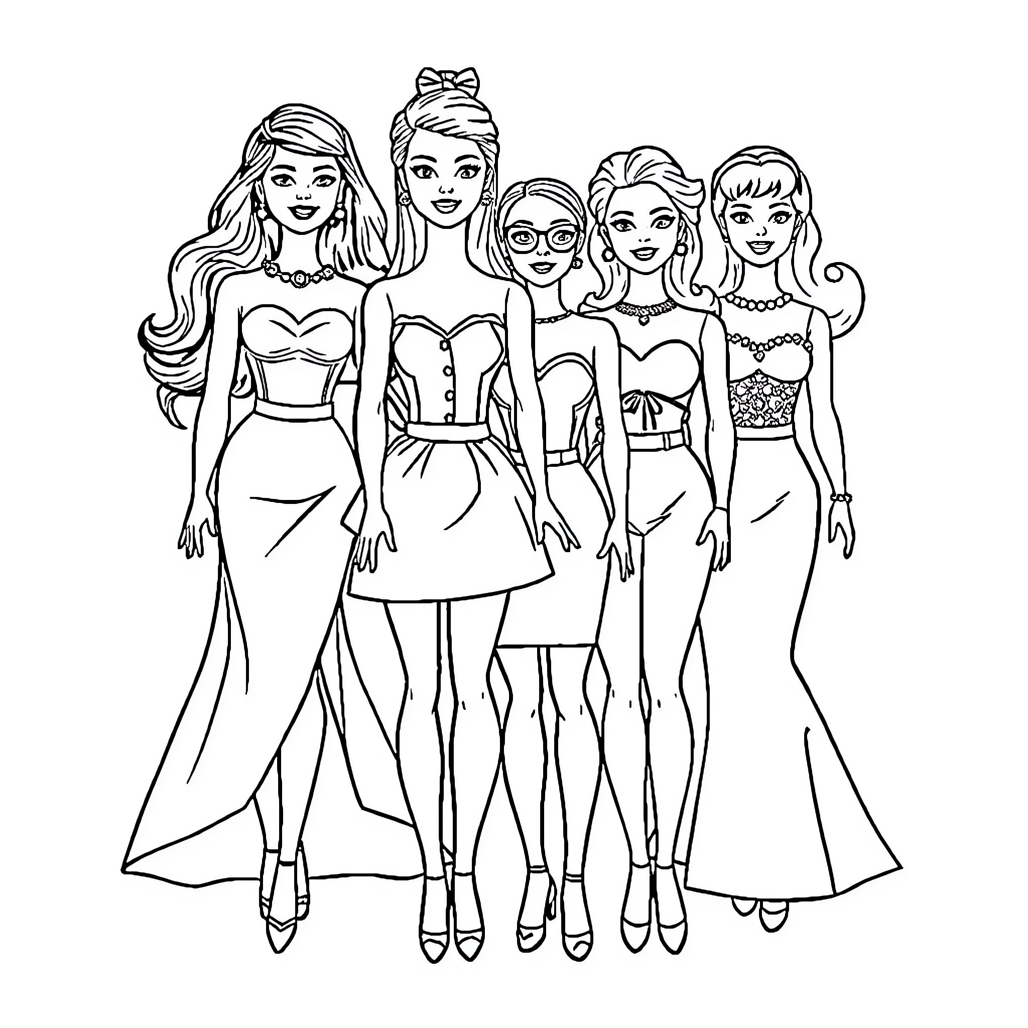 Barbie dolls posing together in various stylish outfits Coloring Page (free black-and-white line drawing printable PDF for all, from beginners to advanced learners, including children, teens, adults, and seniors)