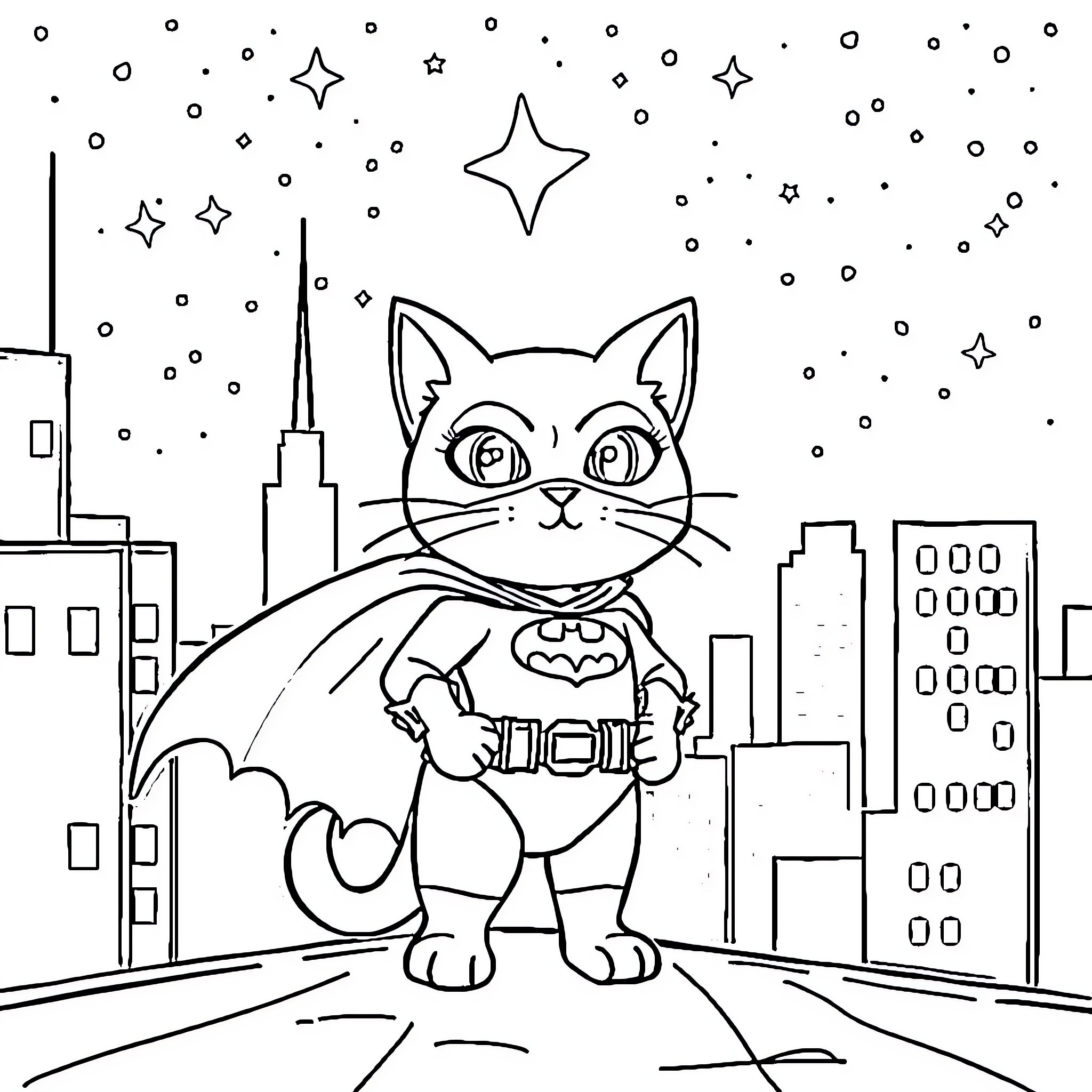 Cat superhero in the city at night Coloring Page (free black-and-white line drawing printable PDF for all, from beginners to advanced learners, including children, teens, adults, and seniors)