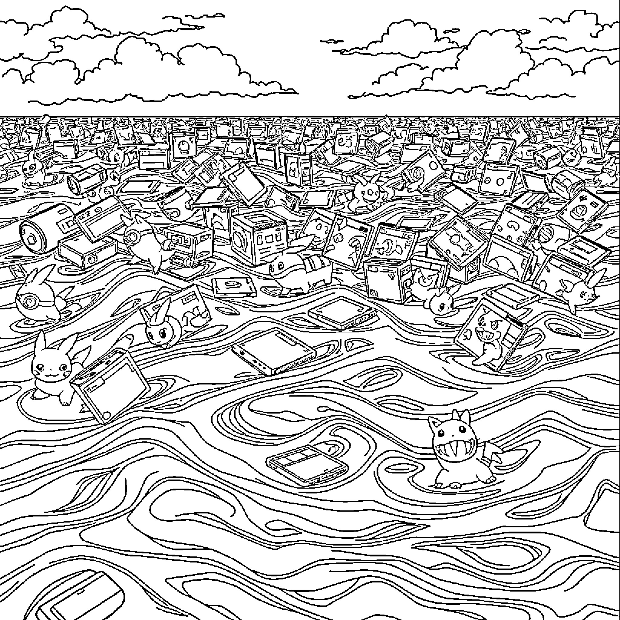 Pokémon characters playing in a chaotic scene Coloring Page (free black-and-white line drawing printable PDF for all, from beginners to advanced learners, including children, teens, adults, and seniors)