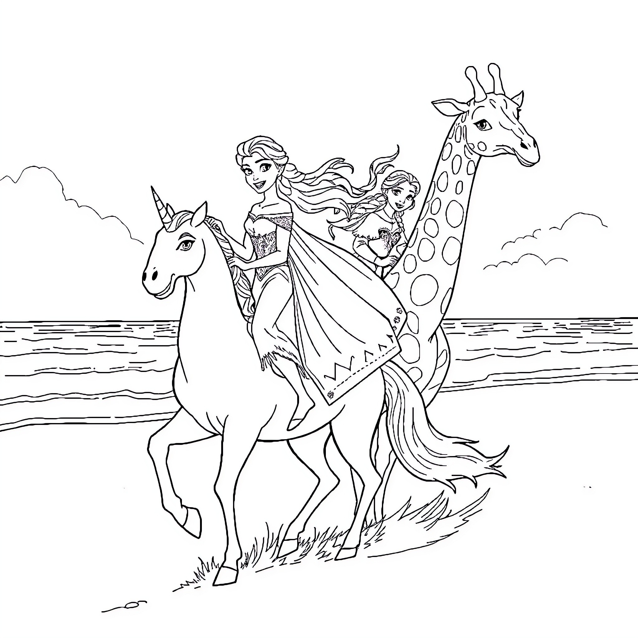 Elsa's Magical Adventure with Unicorns and Giraffes Coloring Page (free black-and-white line drawing printable PDF for all, from beginners to advanced learners, including children, teens, adults, and seniors)