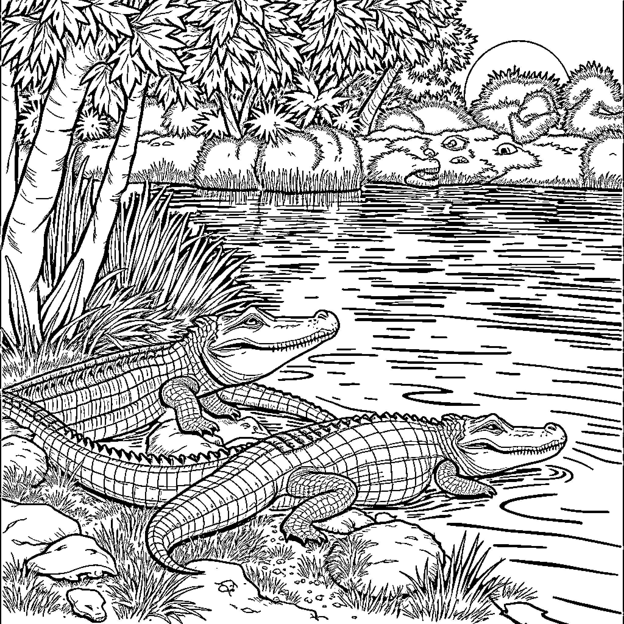 Crocodiles resting by the river in a lush jungle Coloring Page (free black-and-white line drawing printable PDF for all, from beginners to advanced learners, including children, teens, adults, and seniors)