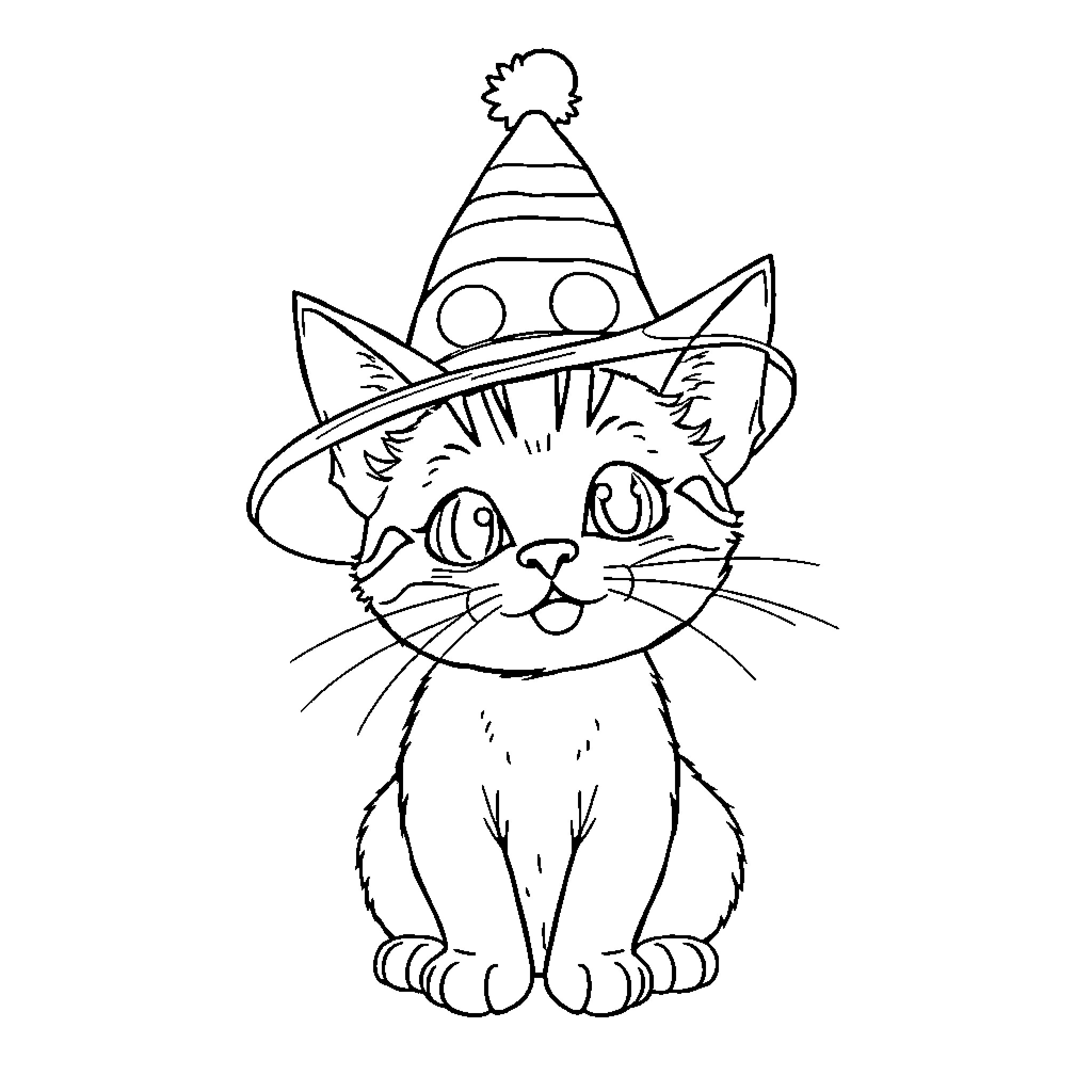Cat wearing a festive party hat Coloring Page (free black-and-white line drawing printable PDF for all, from beginners to advanced learners, including children, teens, adults, and seniors)