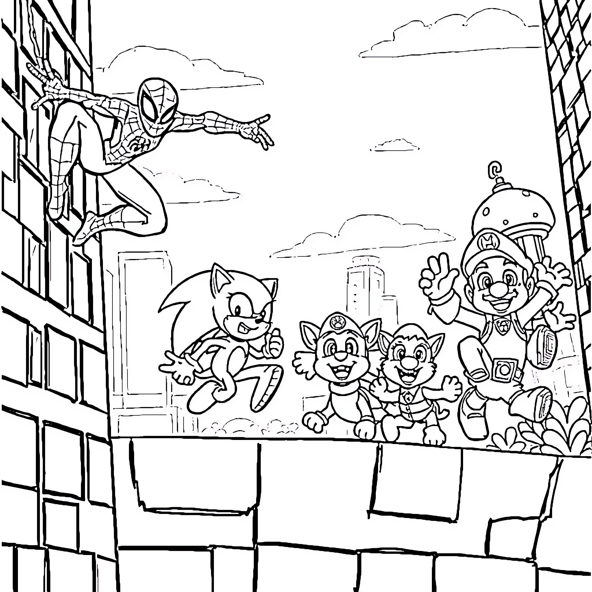 Superhero Saves the Day with Friends Coloring Page (free black-and-white line drawing printable PDF for all, from beginners to advanced learners, including children, teens, adults, and seniors)