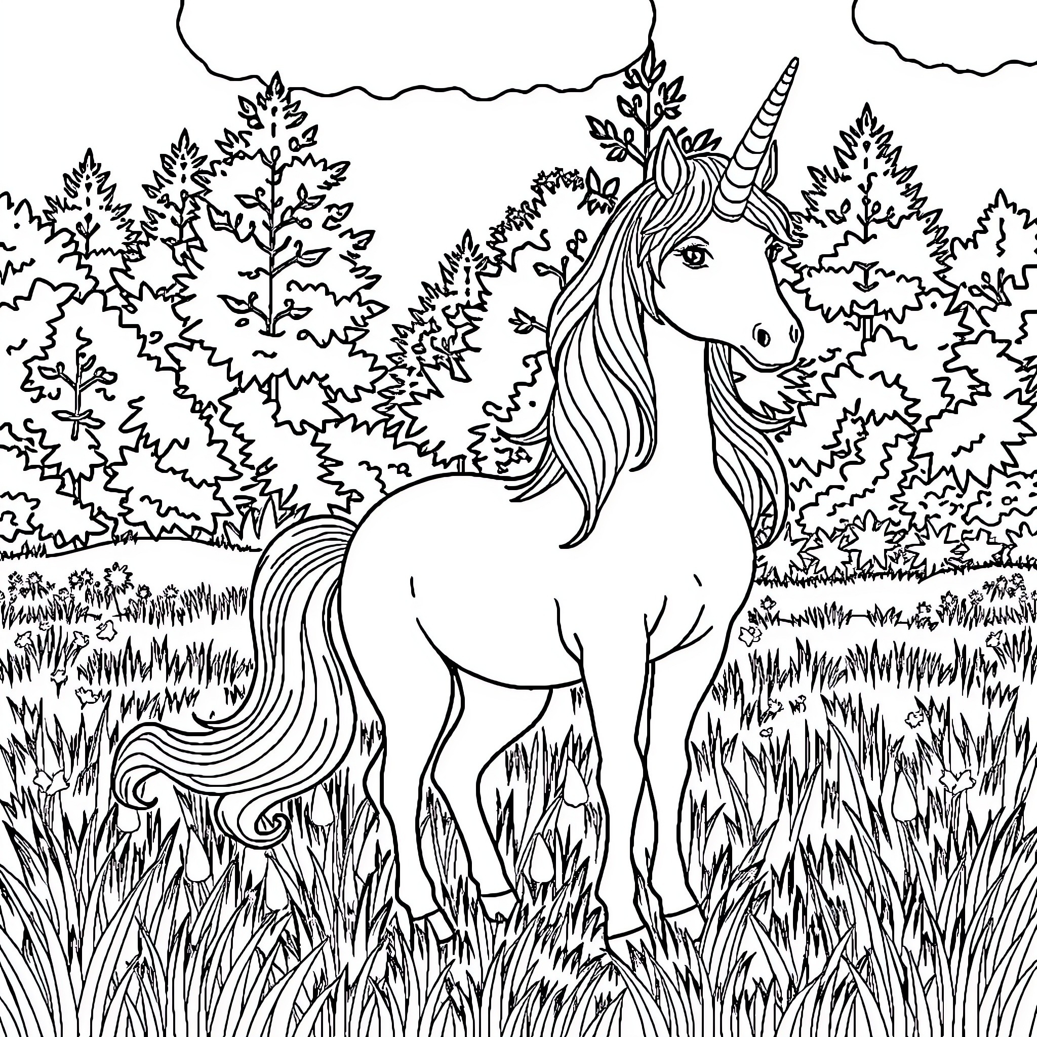 Unicorn standing amidst the forest Coloring Page (free black-and-white line drawing printable PDF for all, from beginners to advanced learners, including children, teens, adults, and seniors)