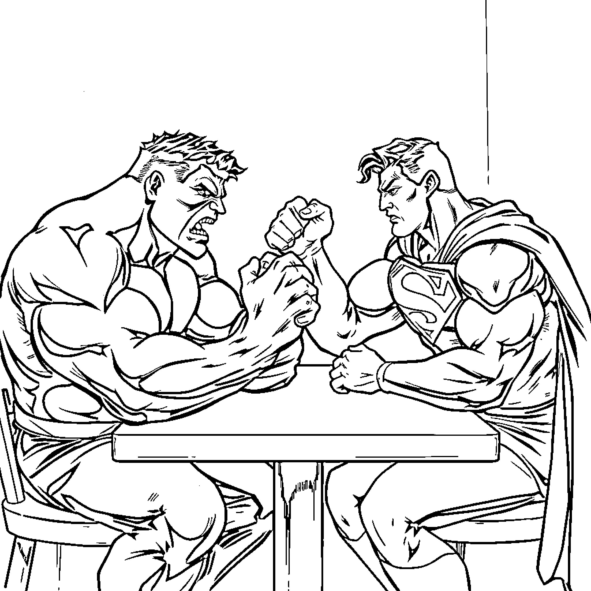 Hulk and Superman in an arm wrestling match Coloring Page (free black-and-white line drawing printable PDF for all, from beginners to advanced learners, including children, teens, adults, and seniors)