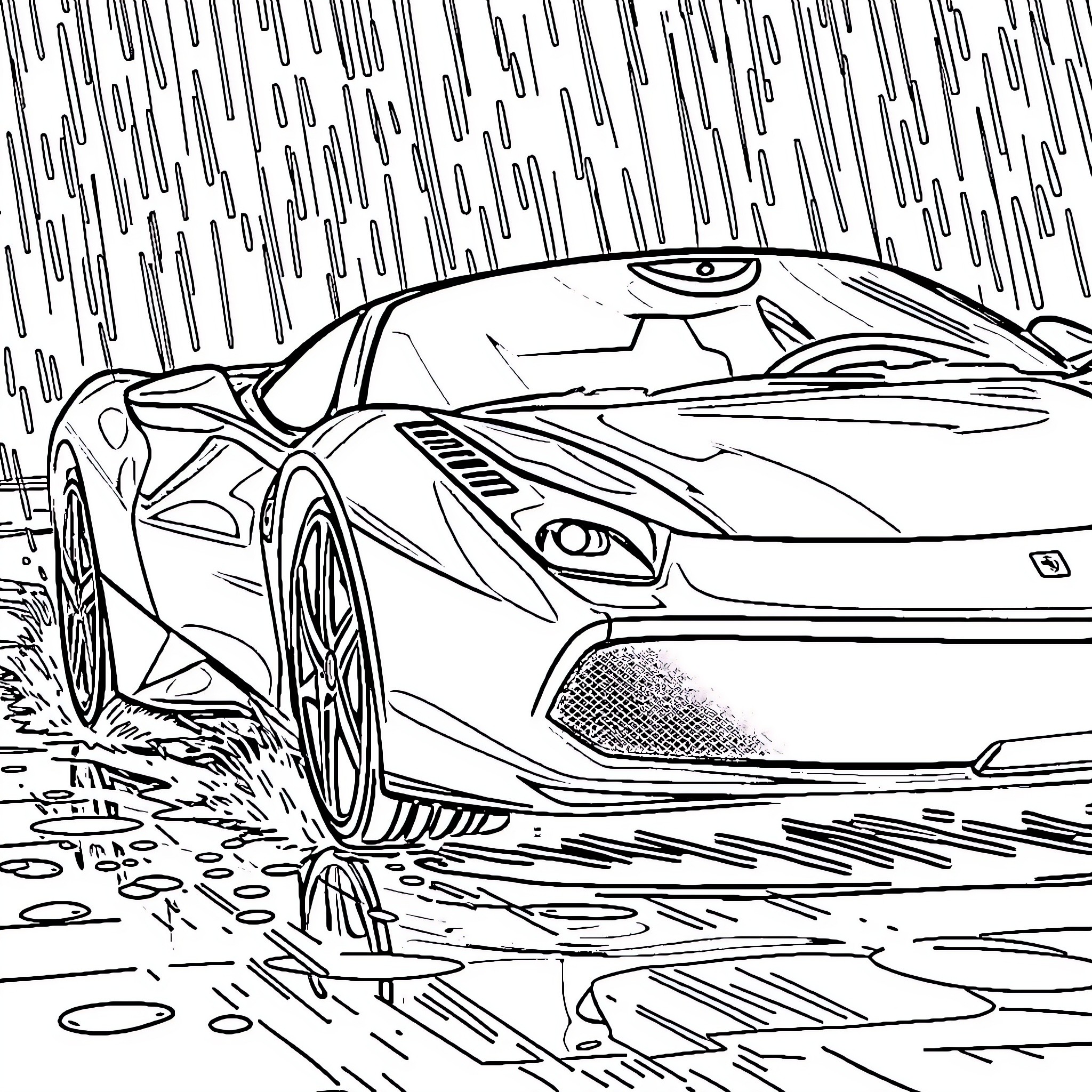 Ferrari speeding through rainy streets Coloring Page (free black-and-white line drawing printable PDF for all, from beginners to advanced learners, including children, teens, adults, and seniors)