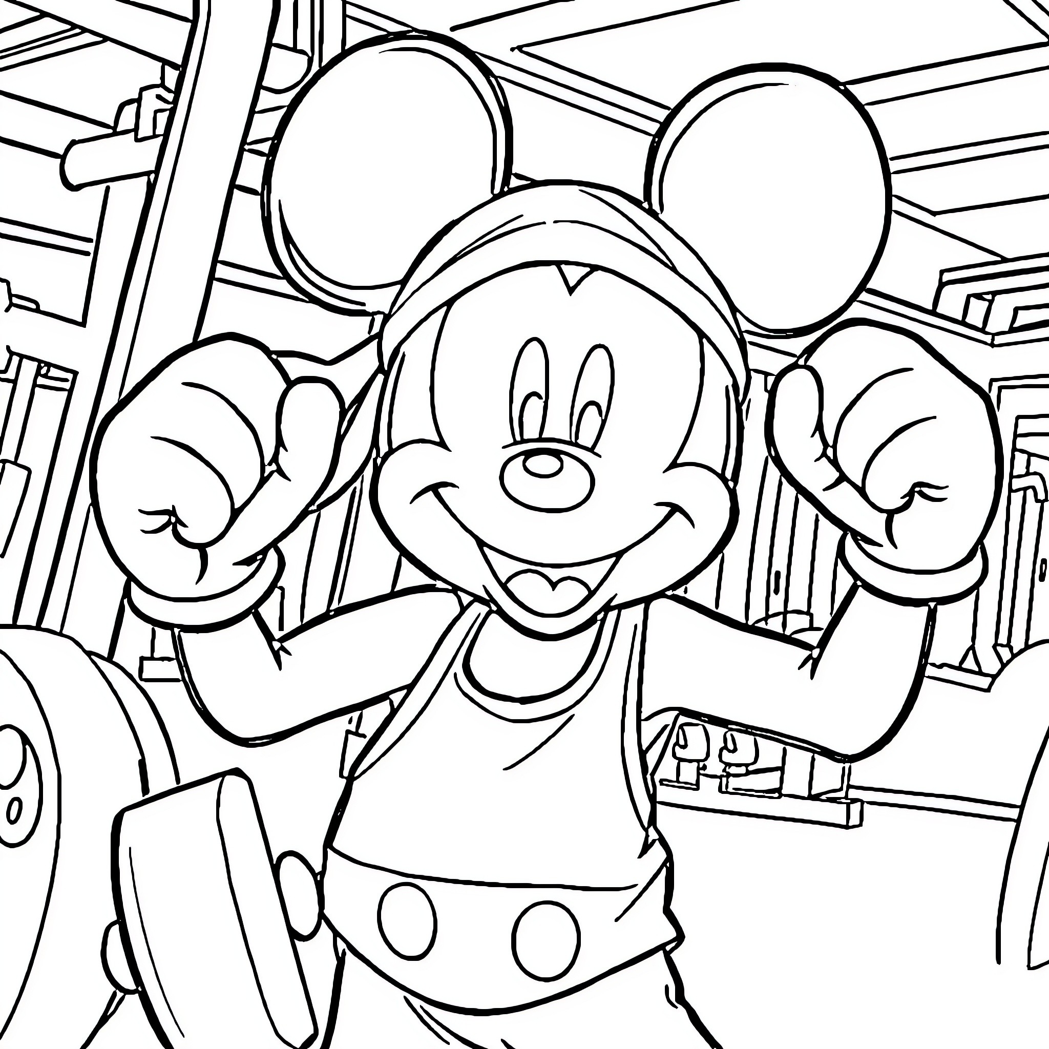 Mickey Mouse expressing cheerful emotions in a cartoon scene Coloring Page (free black-and-white line drawing printable PDF for all, from beginners to advanced learners, including children, teens, adults, and seniors)