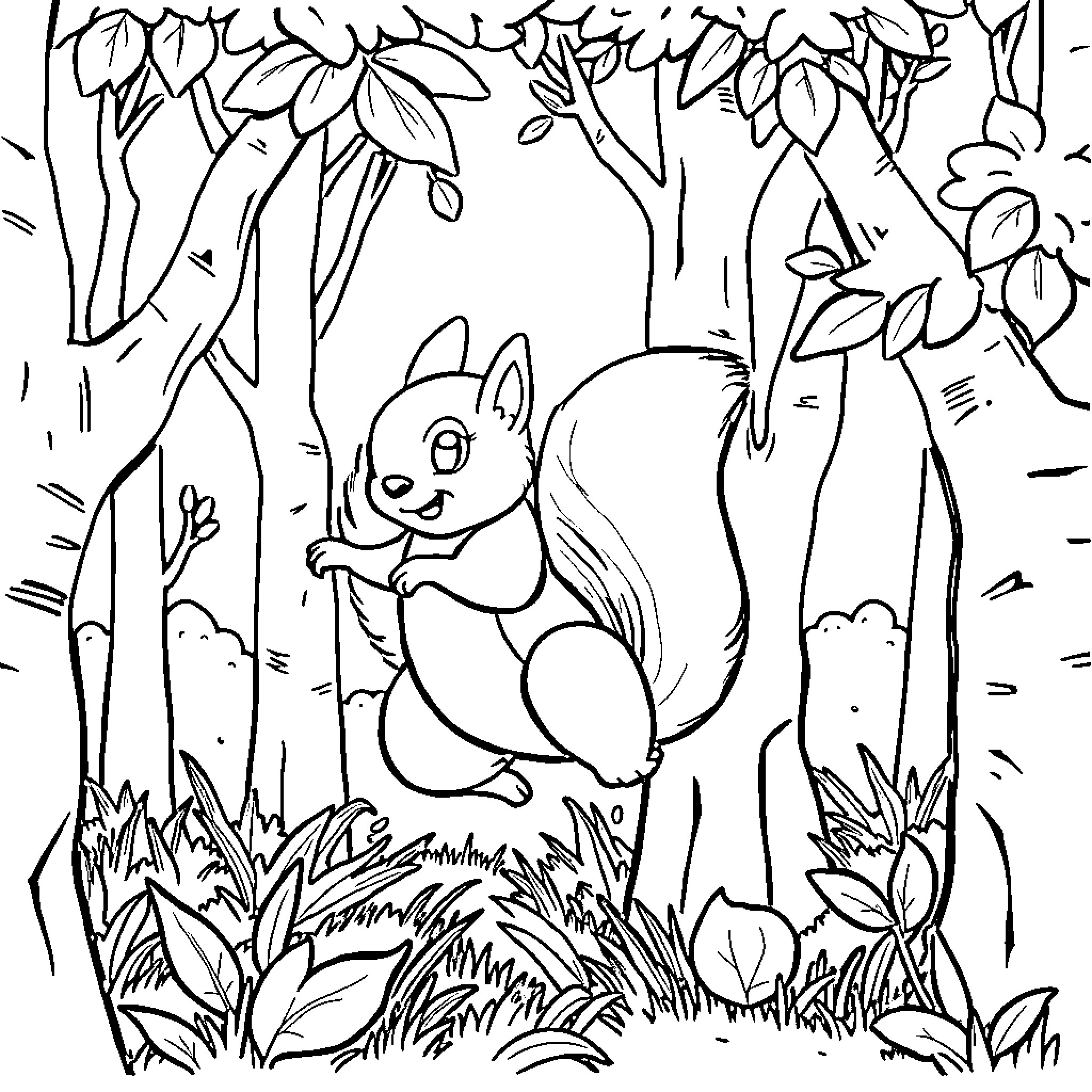 Squirrel playing in forest with trees Coloring Page (free black-and-white line drawing printable PDF for all, from beginners to advanced learners, including children, teens, adults, and seniors)