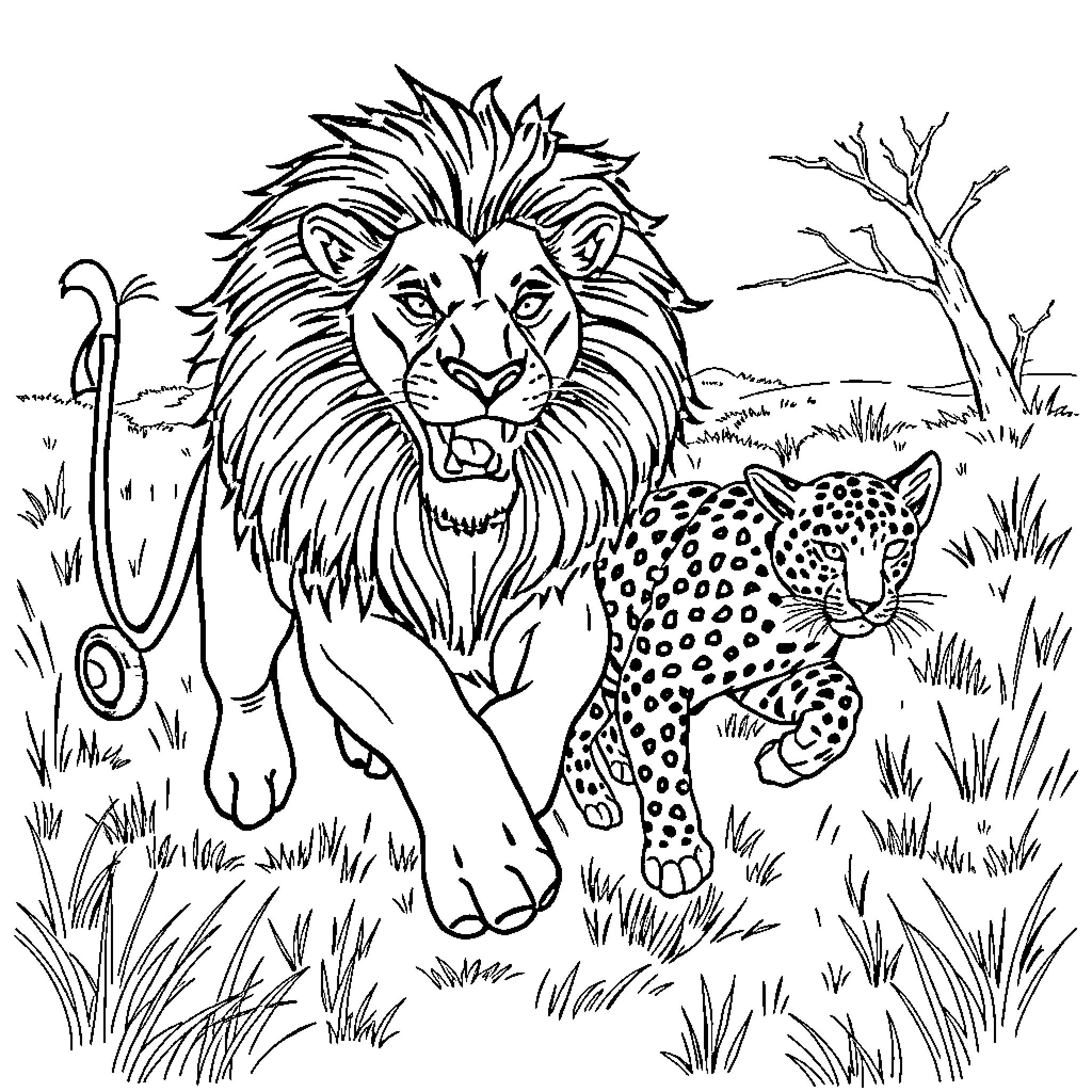 Lion and Leopard in the Wild Savanna Coloring Page (free black-and-white line drawing printable PDF for all, from beginners to advanced learners, including children, teens, adults, and seniors)