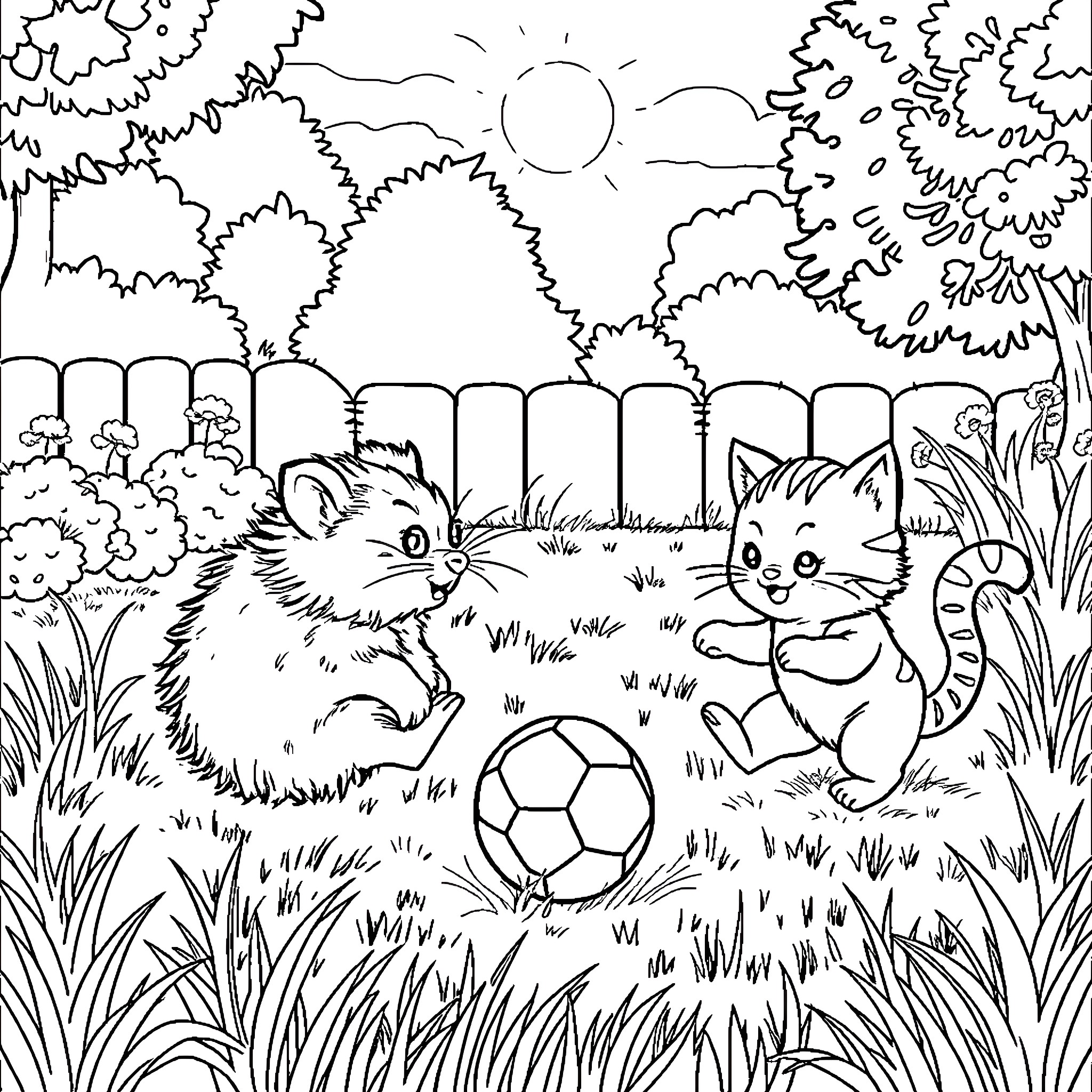Hamsters playing joyfully in the backyard Coloring Page (free black-and-white line drawing printable PDF for all, from beginners to advanced learners, including children, teens, adults, and seniors)