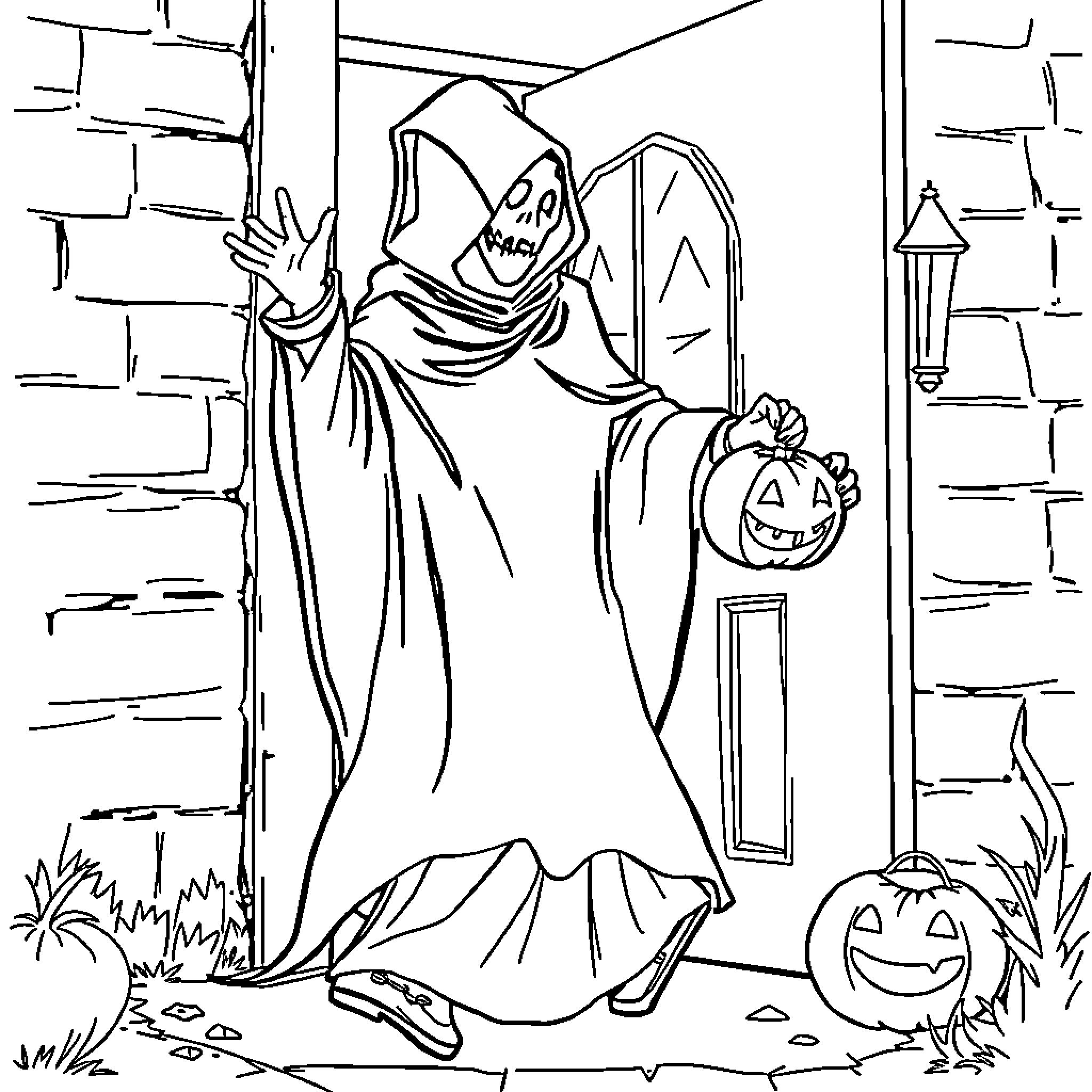 Ghostface menacing with Halloween pumpkins Coloring Page (free black-and-white line drawing printable PDF for all, from beginners to advanced learners, including children, teens, adults, and seniors)