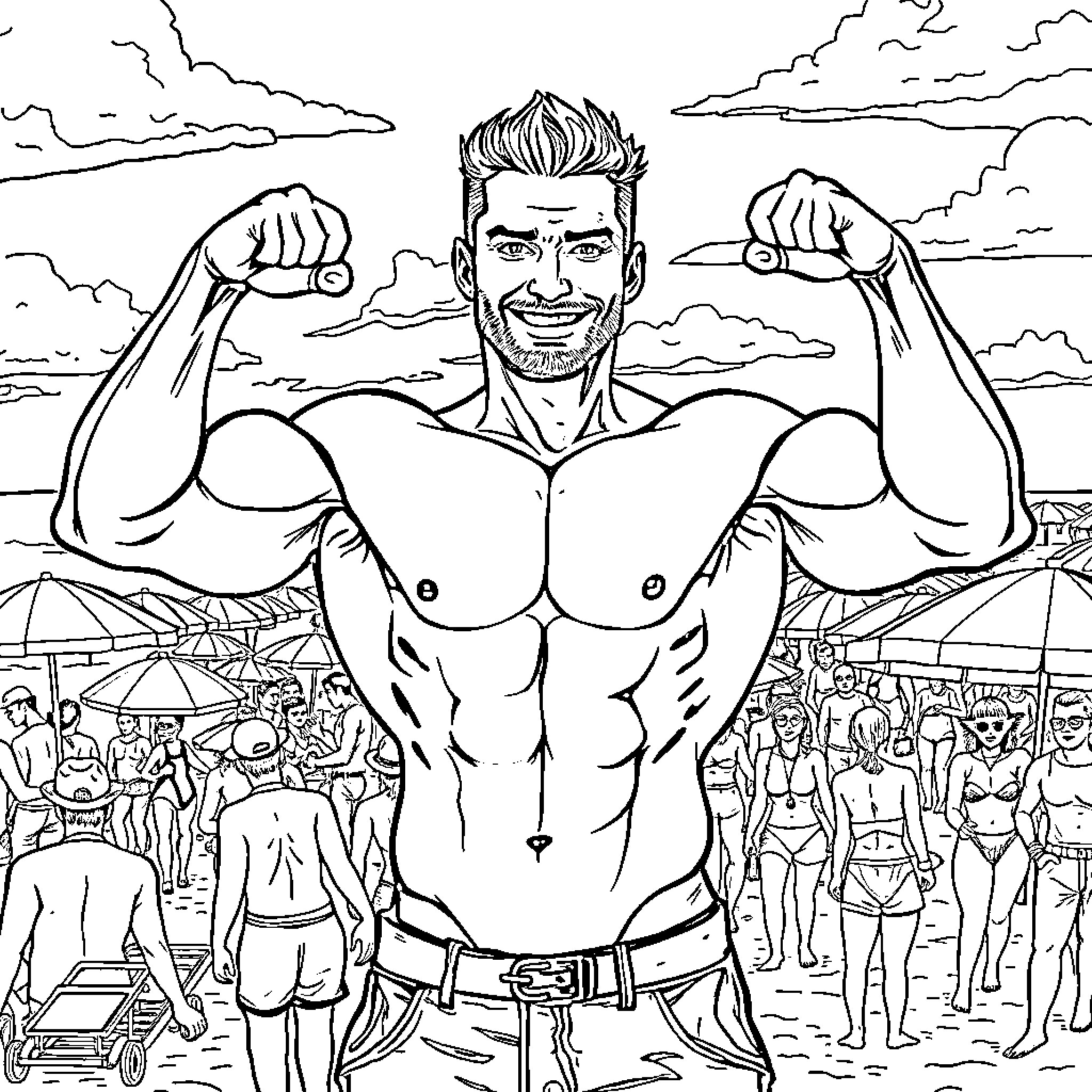 Man flexing muscles at the beach Coloring Page (free black-and-white line drawing printable PDF for all, from beginners to advanced learners, including children, teens, adults, and seniors)