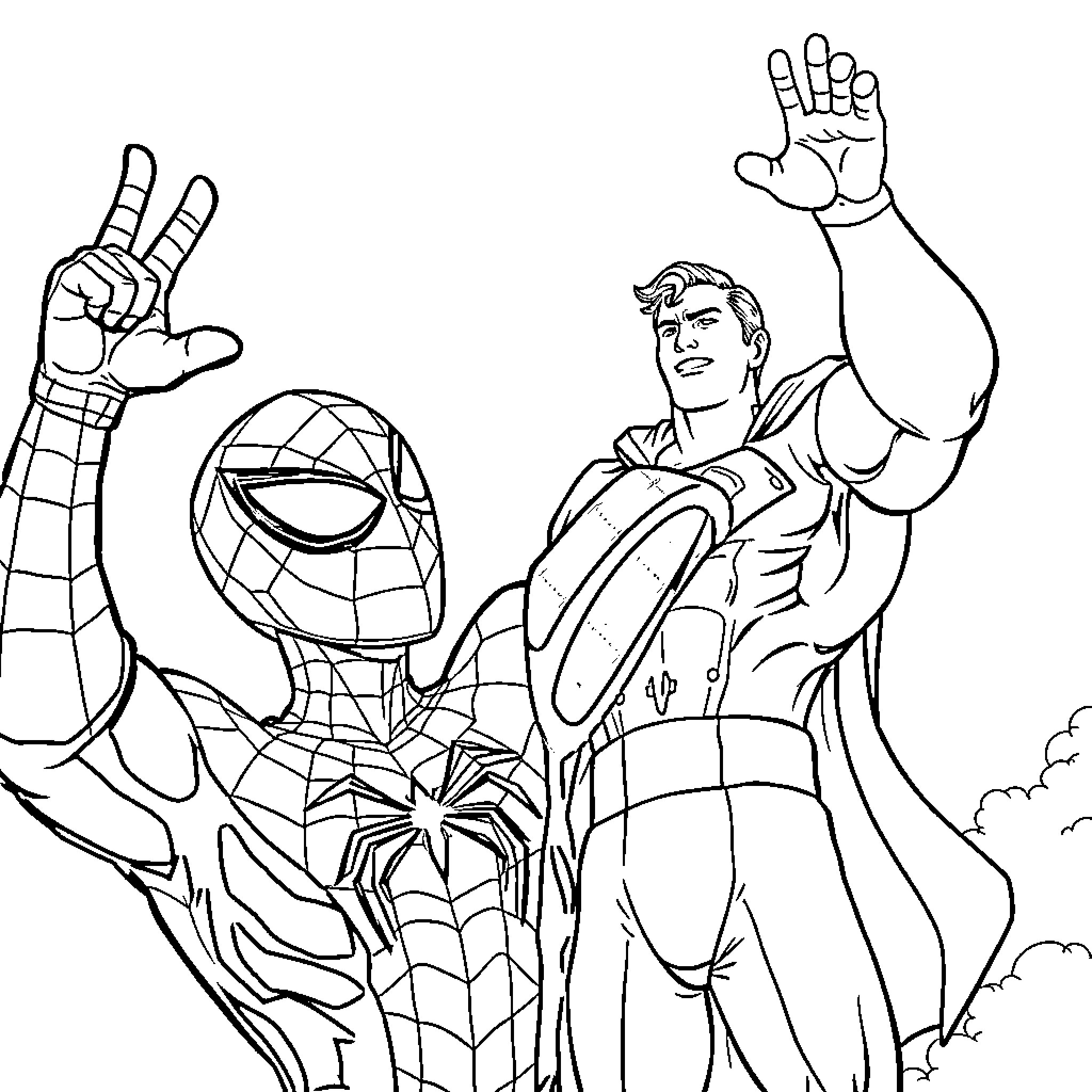 Spiderman and superhero teaming up for heroic action Coloring Page (free black-and-white line drawing printable PDF for all, from beginners to advanced learners, including children, teens, adults, and seniors)
