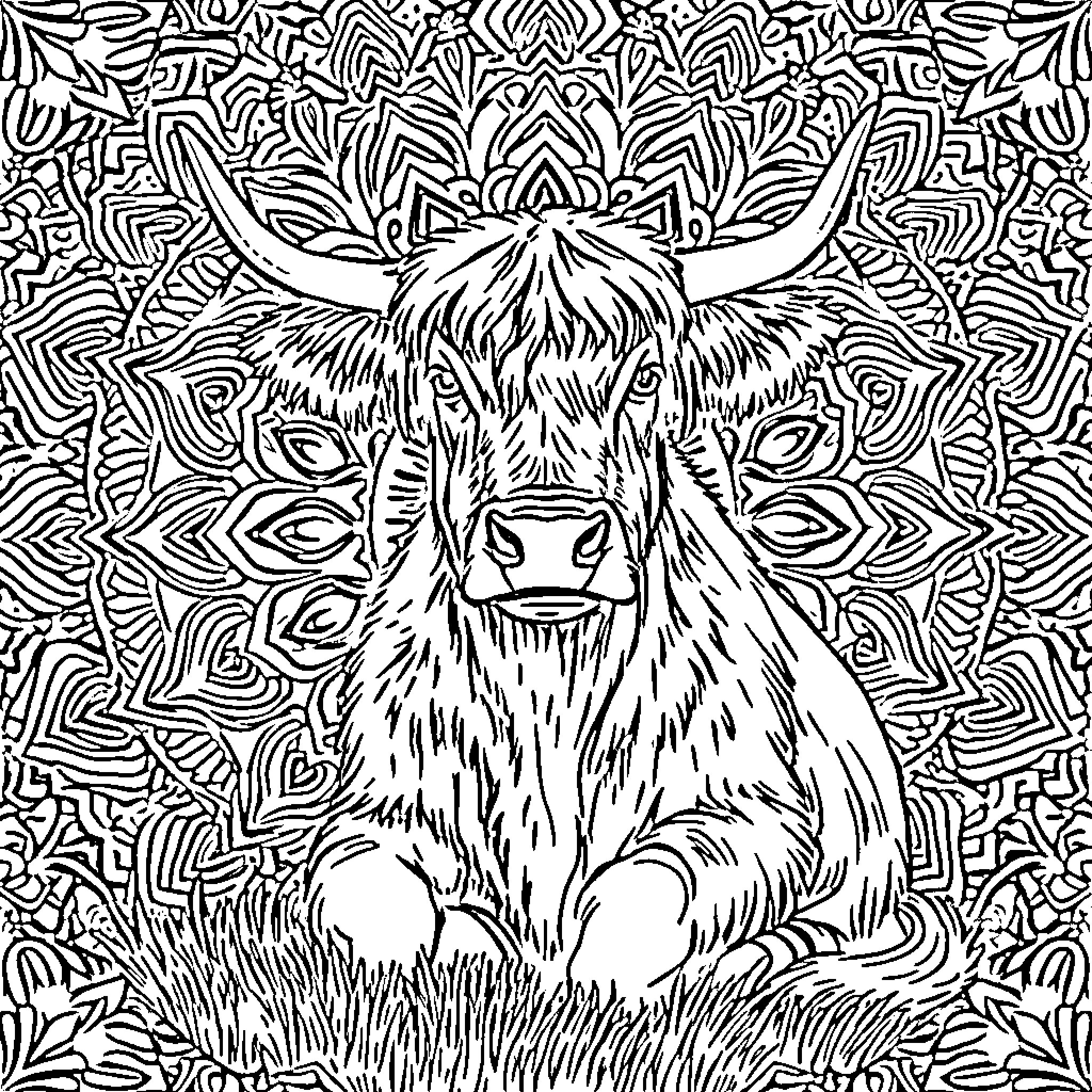 Highland Cow resting on intricate floral background Coloring Page (free black-and-white line drawing printable PDF for all, from beginners to advanced learners, including children, teens, adults, and seniors)