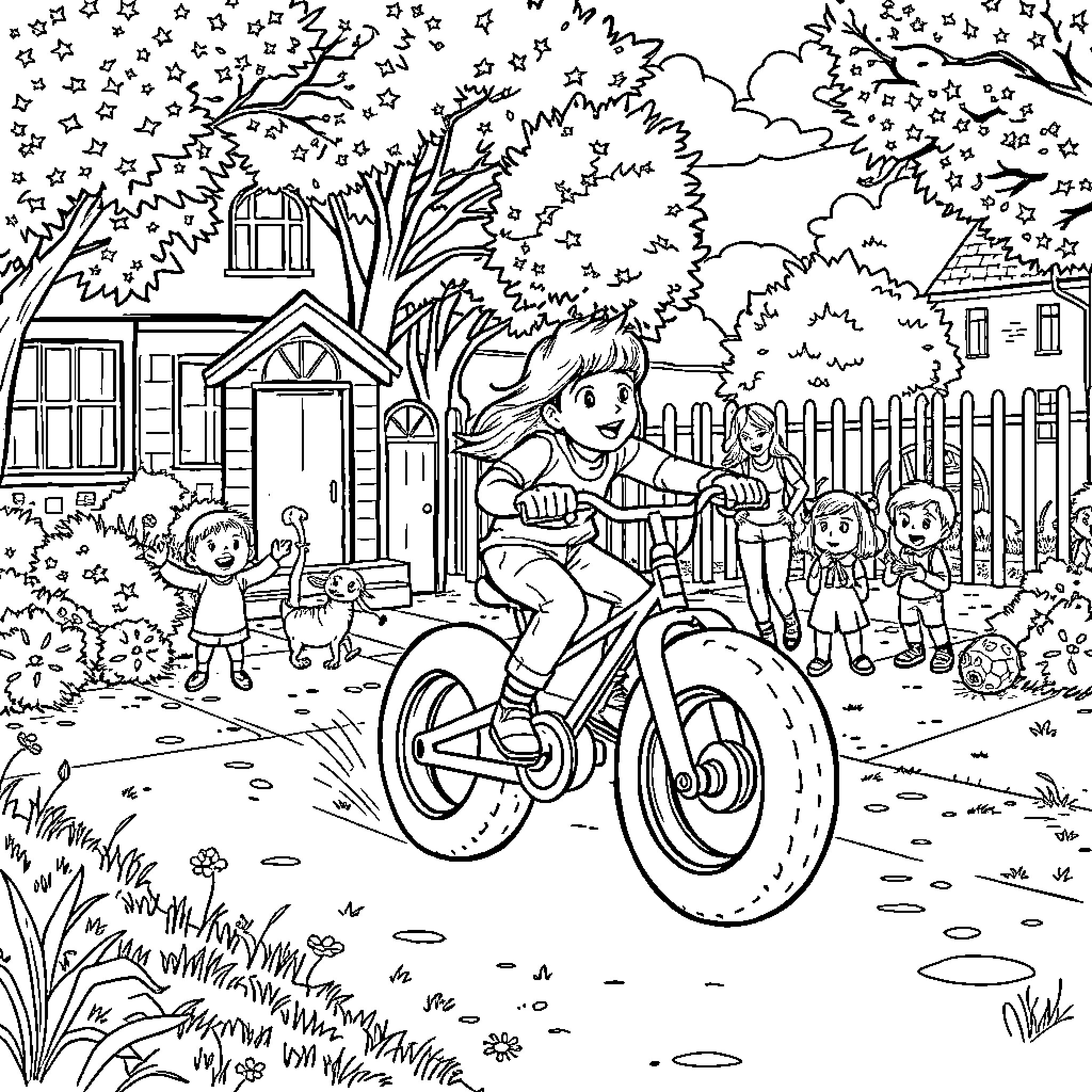 Child riding bicycle in neighborhood with friends Coloring Page (free black-and-white line drawing printable PDF for all, from beginners to advanced learners, including children, teens, adults, and seniors)