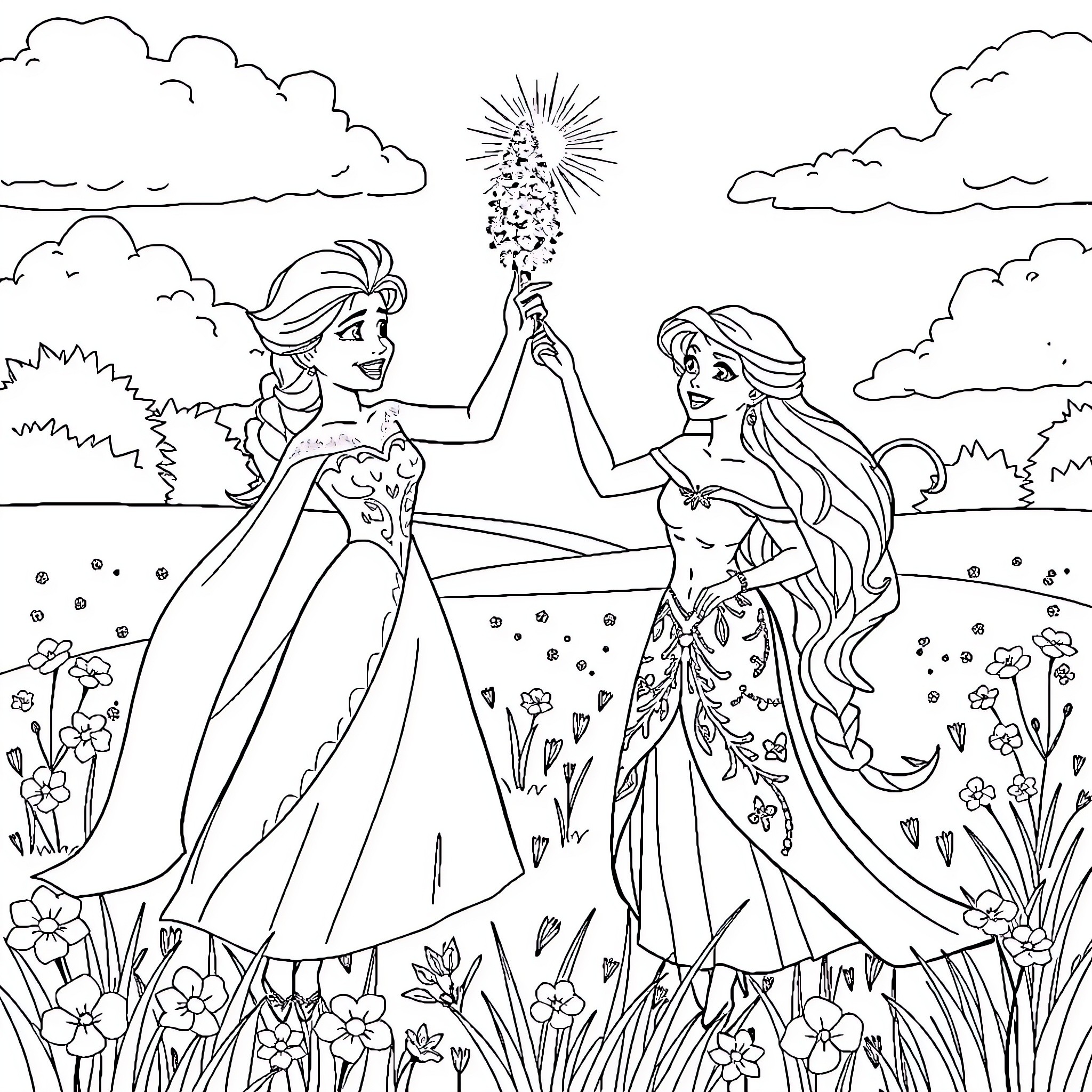 Unicorn Celebration of Two Fairytale Princesses Coloring Page (free black-and-white line drawing printable PDF for all, from beginners to advanced learners, including children, teens, adults, and seniors)