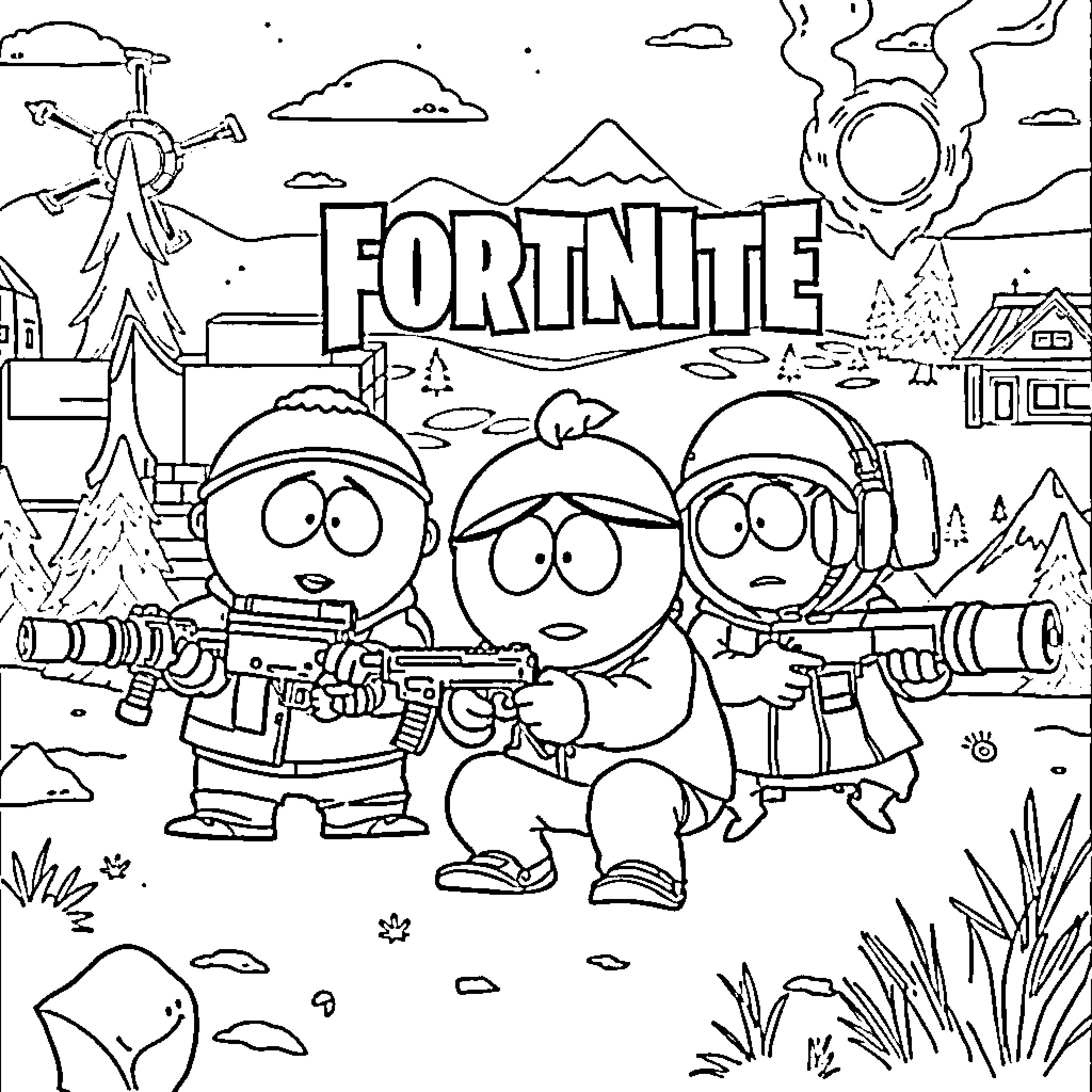 South Park Characters in Fortnite Themed Landscape Coloring Page (free black-and-white line drawing printable PDF for all, from beginners to advanced learners, including children, teens, adults, and seniors)