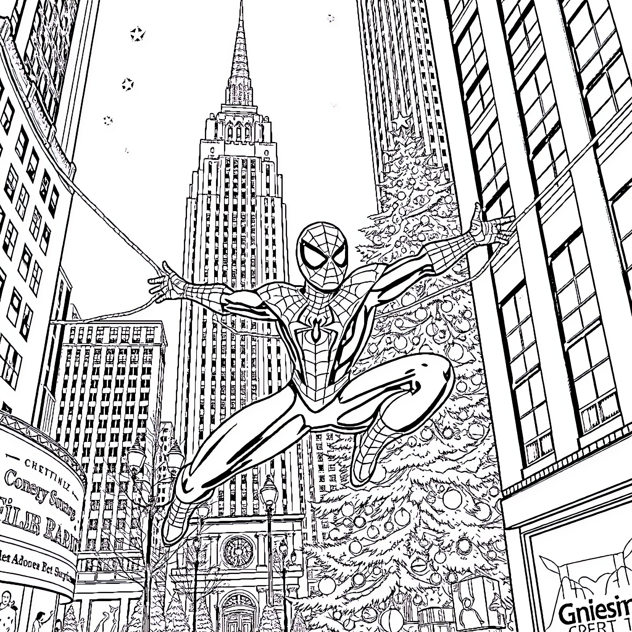 Spiderman swinging through the city skyline Coloring Page (free black-and-white line drawing printable PDF for all, from beginners to advanced learners, including children, teens, adults, and seniors)