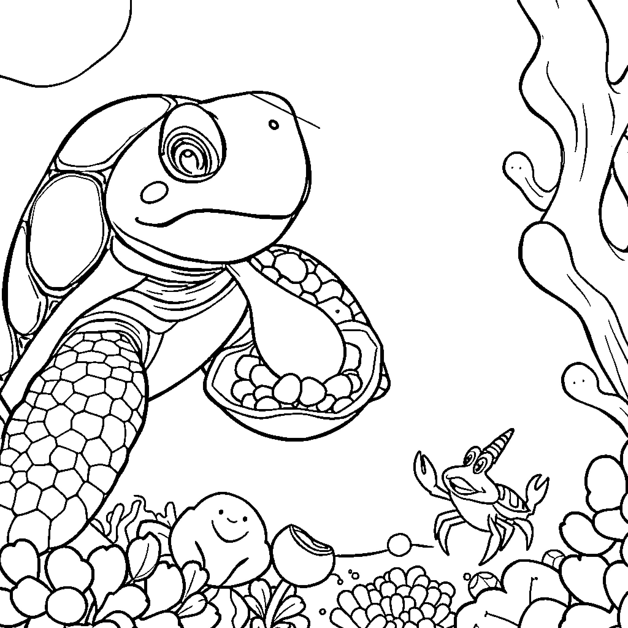 Sea Turtle exploring the underwater reef Coloring Page (free black-and-white line drawing printable PDF for all, from beginners to advanced learners, including children, teens, adults, and seniors)