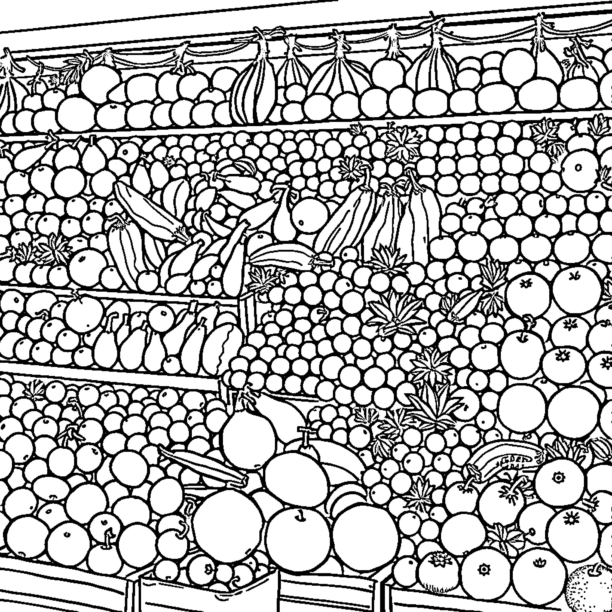 Fruit Abundance in Vibrant Marketplace Coloring Page (free black-and-white line drawing printable PDF for all, from beginners to advanced learners, including children, teens, adults, and seniors)