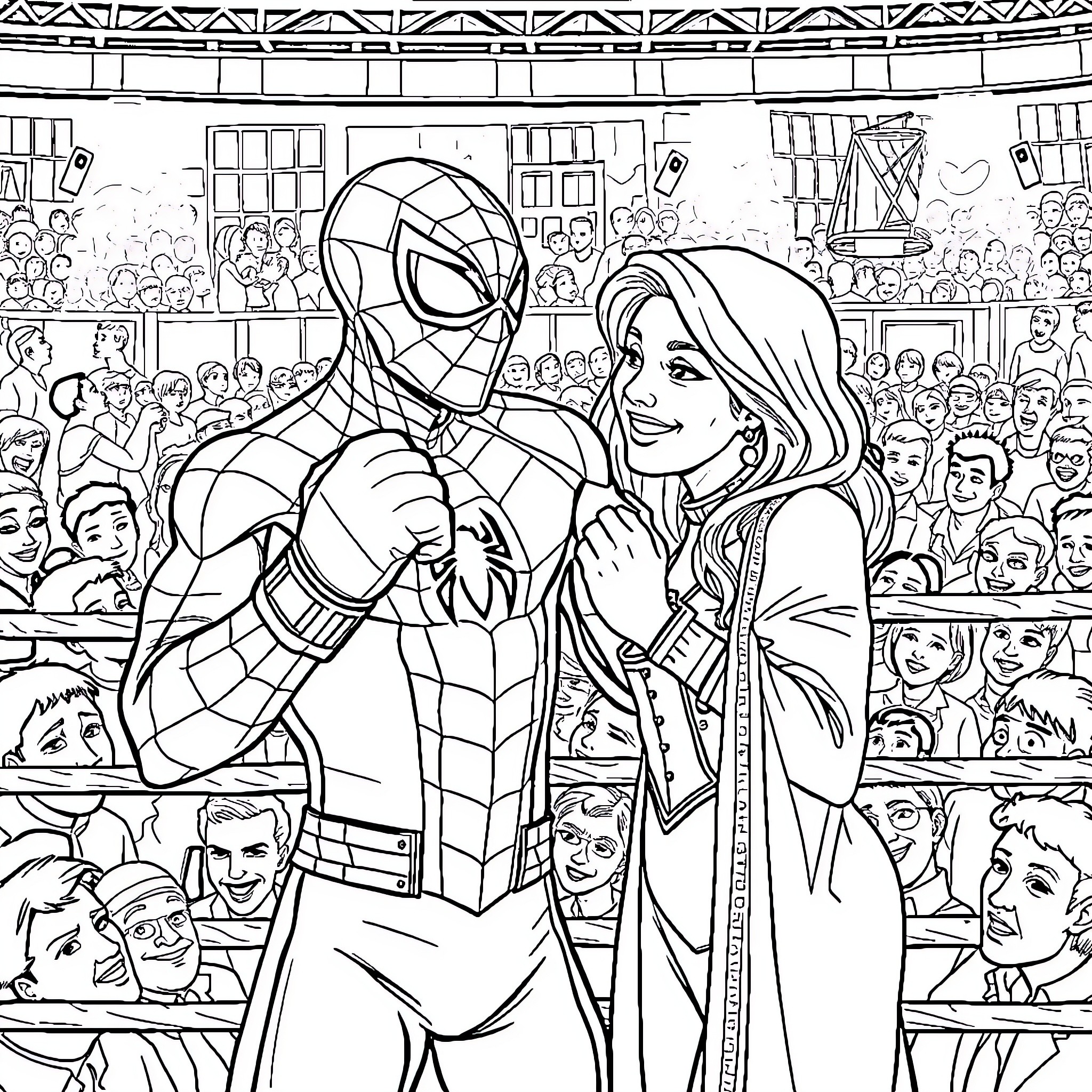 Spiderman Embracing a Companion in a Crowd Coloring Page (free black-and-white line drawing printable PDF for all, from beginners to advanced learners, including children, teens, adults, and seniors)