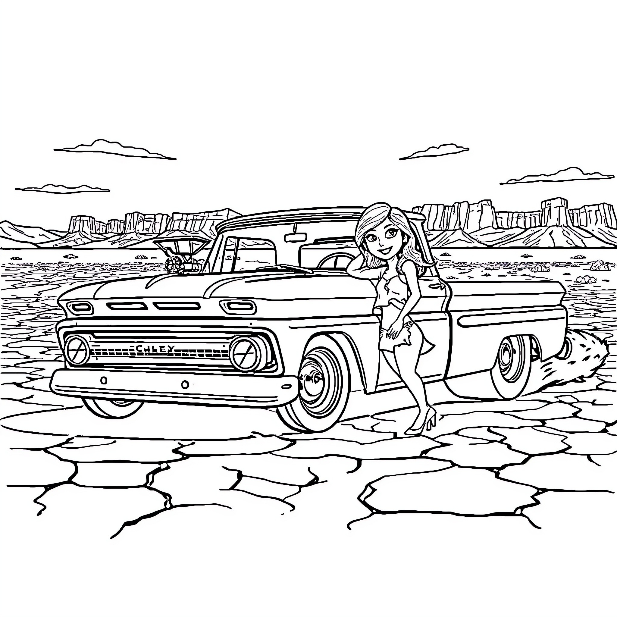 Chevy Classic Car Adventure in the Desert Coloring Page (free black-and-white line drawing printable PDF for all, from beginners to advanced learners, including children, teens, adults, and seniors)