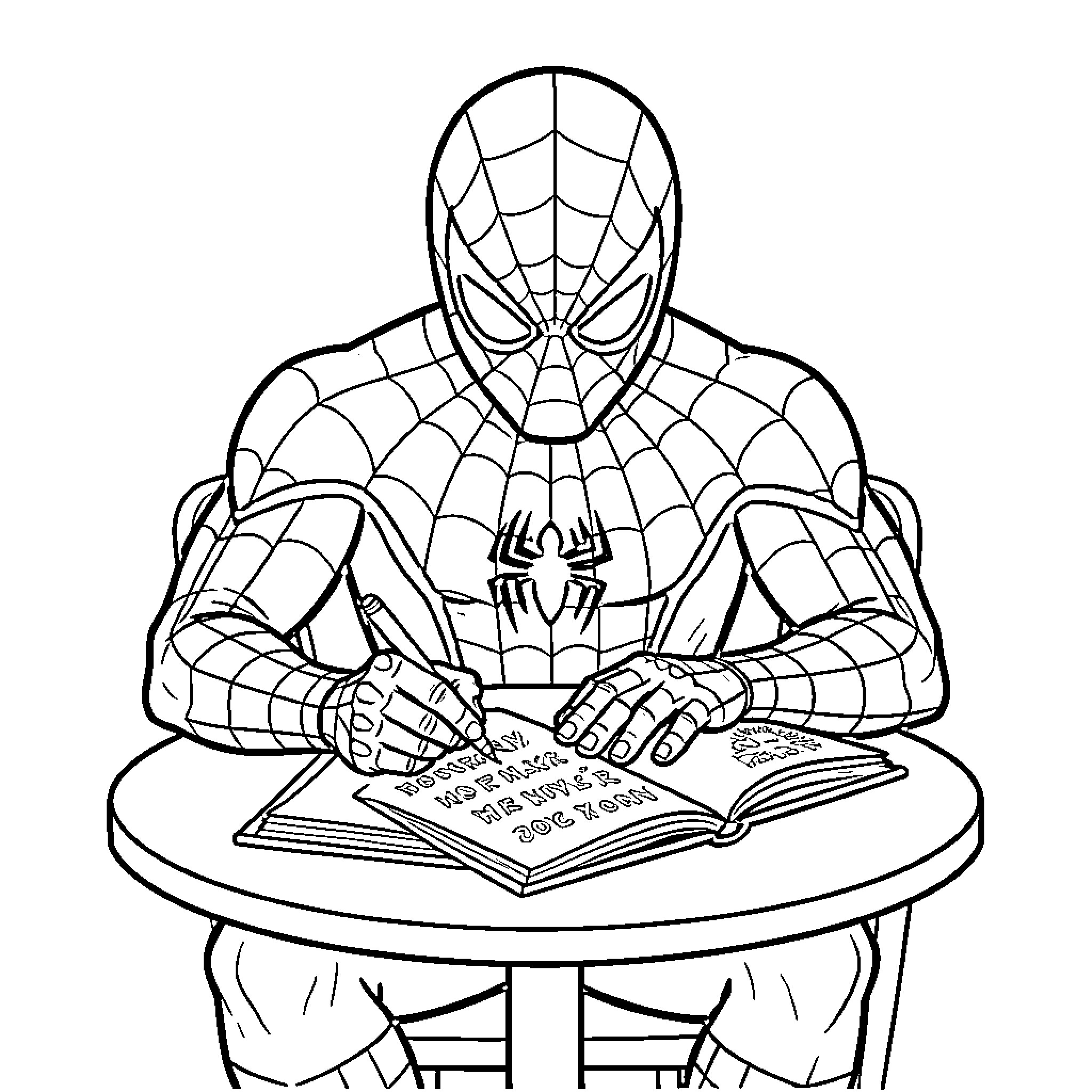 Spiderman sitting at a table writing in a book Coloring Page (free black-and-white line drawing printable PDF for all, from beginners to advanced learners, including children, teens, adults, and seniors)