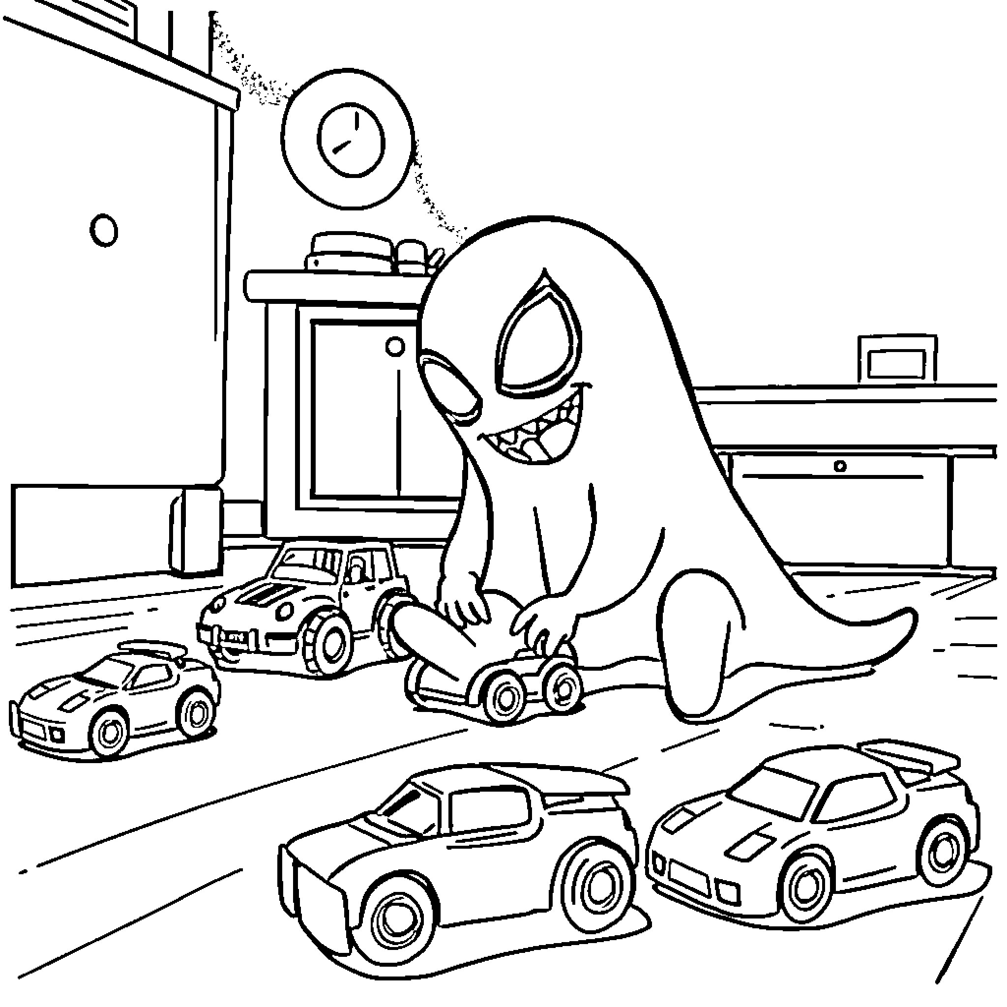 Ghost playing with toy cars in a room Coloring Page (free black-and-white line drawing printable PDF for all, from beginners to advanced learners, including children, teens, adults, and seniors)