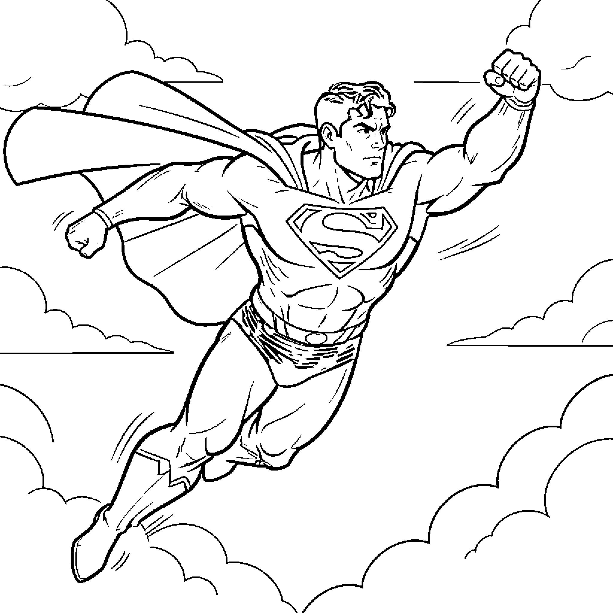 Superman flying heroically through the clouds Coloring Page (free black-and-white line drawing printable PDF for all, from beginners to advanced learners, including children, teens, adults, and seniors)