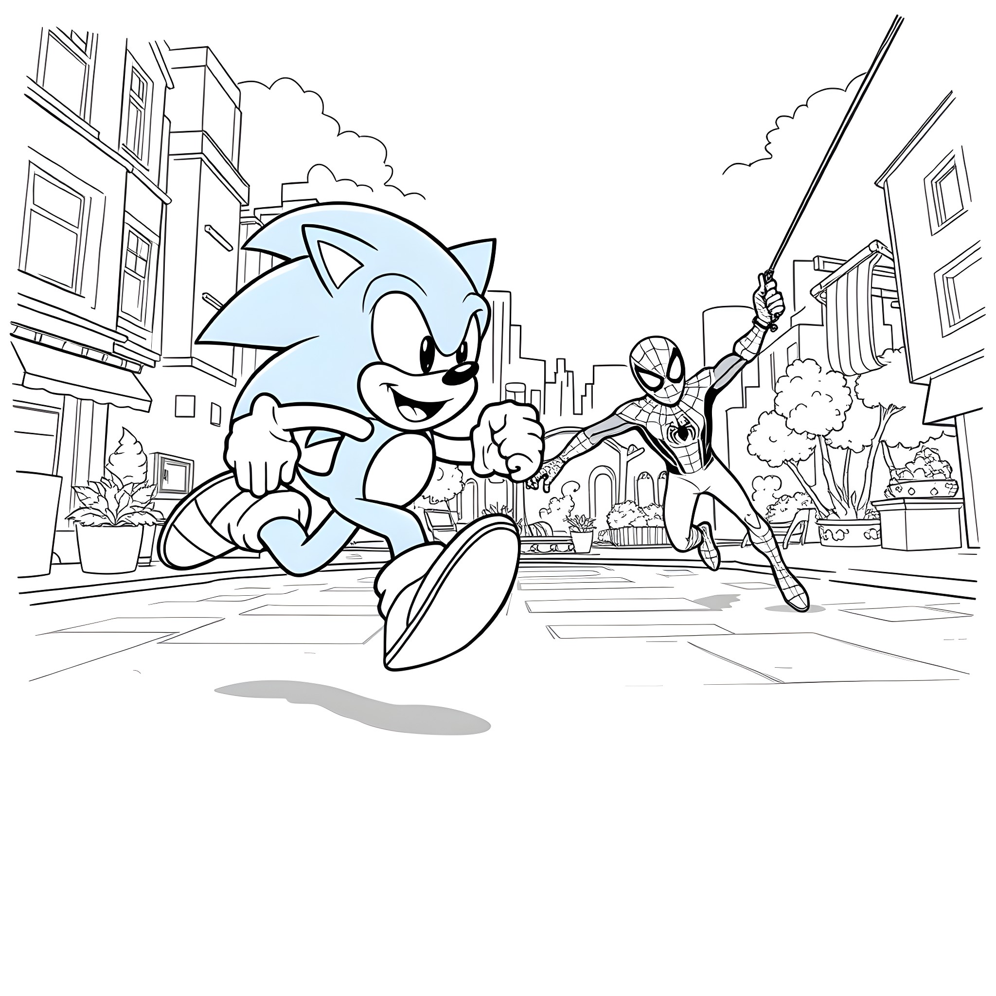 Sonic and Spiderman in the city Coloring Page (free black-and-white line drawing printable PDF for all, from beginners to advanced learners, including children, teens, adults, and seniors)