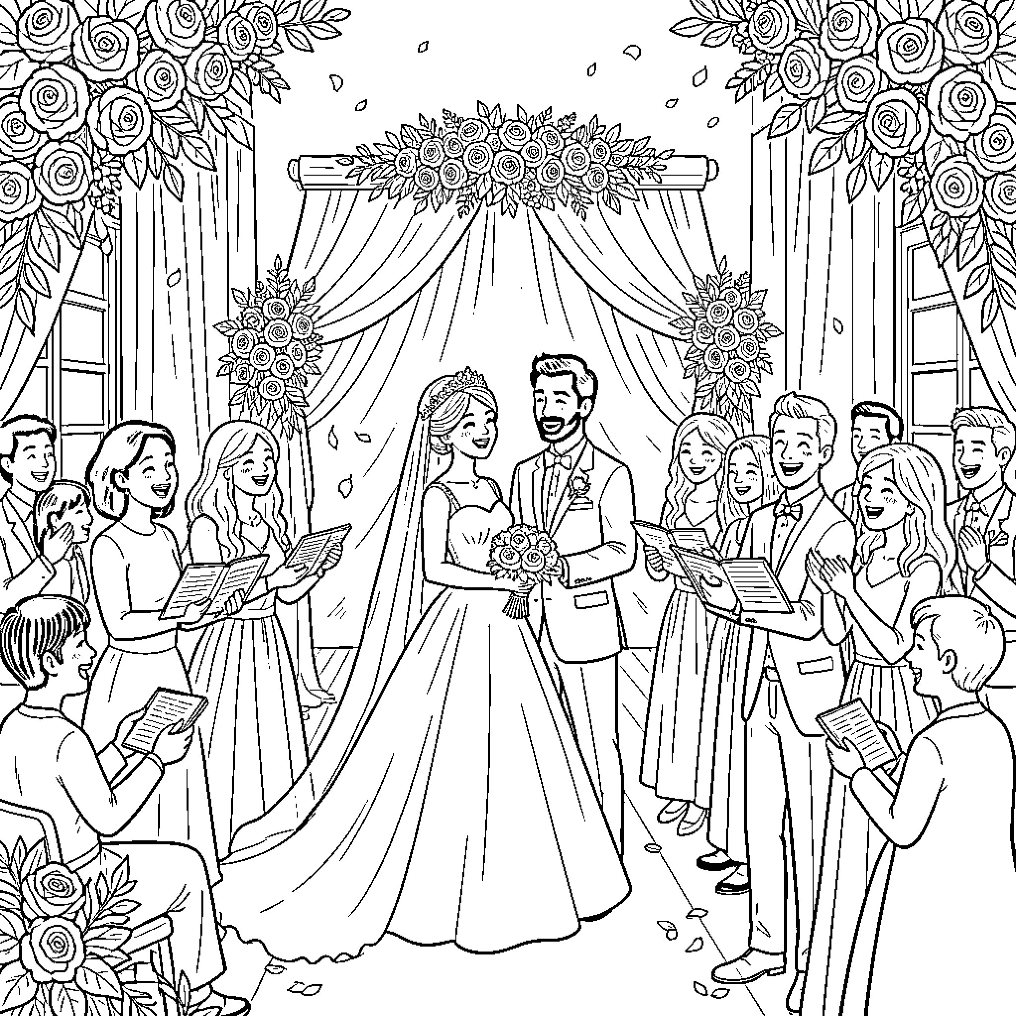 Marriage Ceremony with Floral Arch and Guests Coloring Page (free black-and-white line drawing printable PDF for all, from beginners to advanced learners, including children, teens, adults, and seniors)