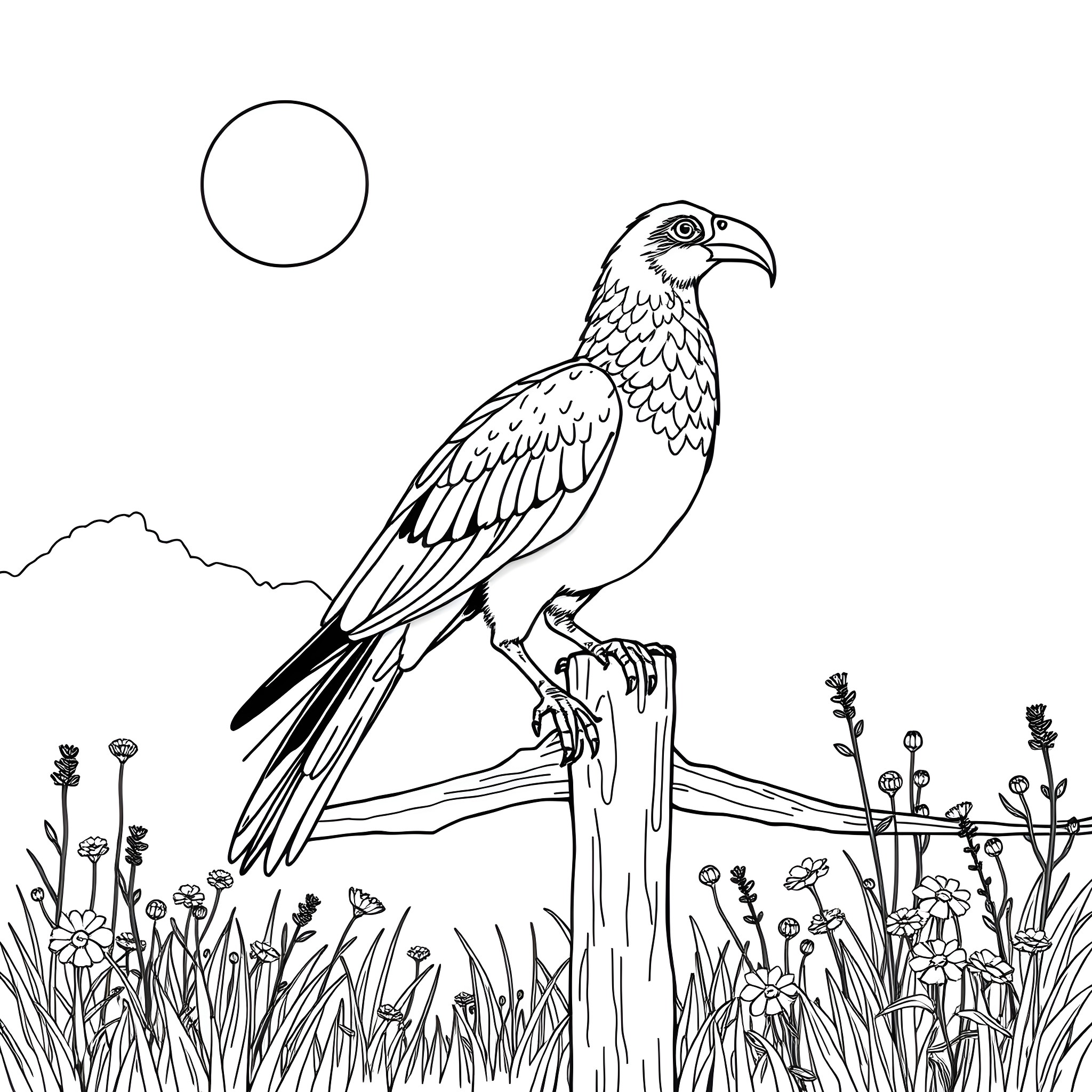 Galo's Perch: A Majestic Bird's Scenic Sanctuary Coloring Page (free black-and-white line drawing printable PDF for all, from beginners to advanced learners, including children, teens, adults, and seniors)