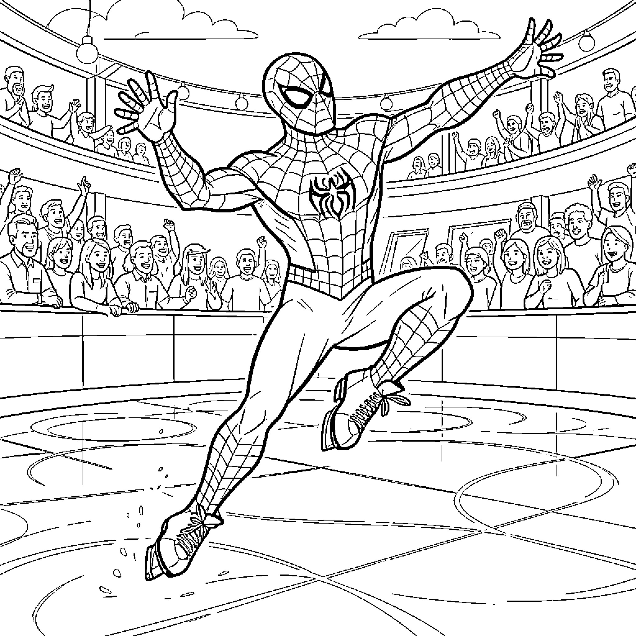 Spiderman performing an acrobatic pose before an excited crowd Coloring Page (free black-and-white line drawing printable PDF for all, from beginners to advanced learners, including children, teens, adults, and seniors)