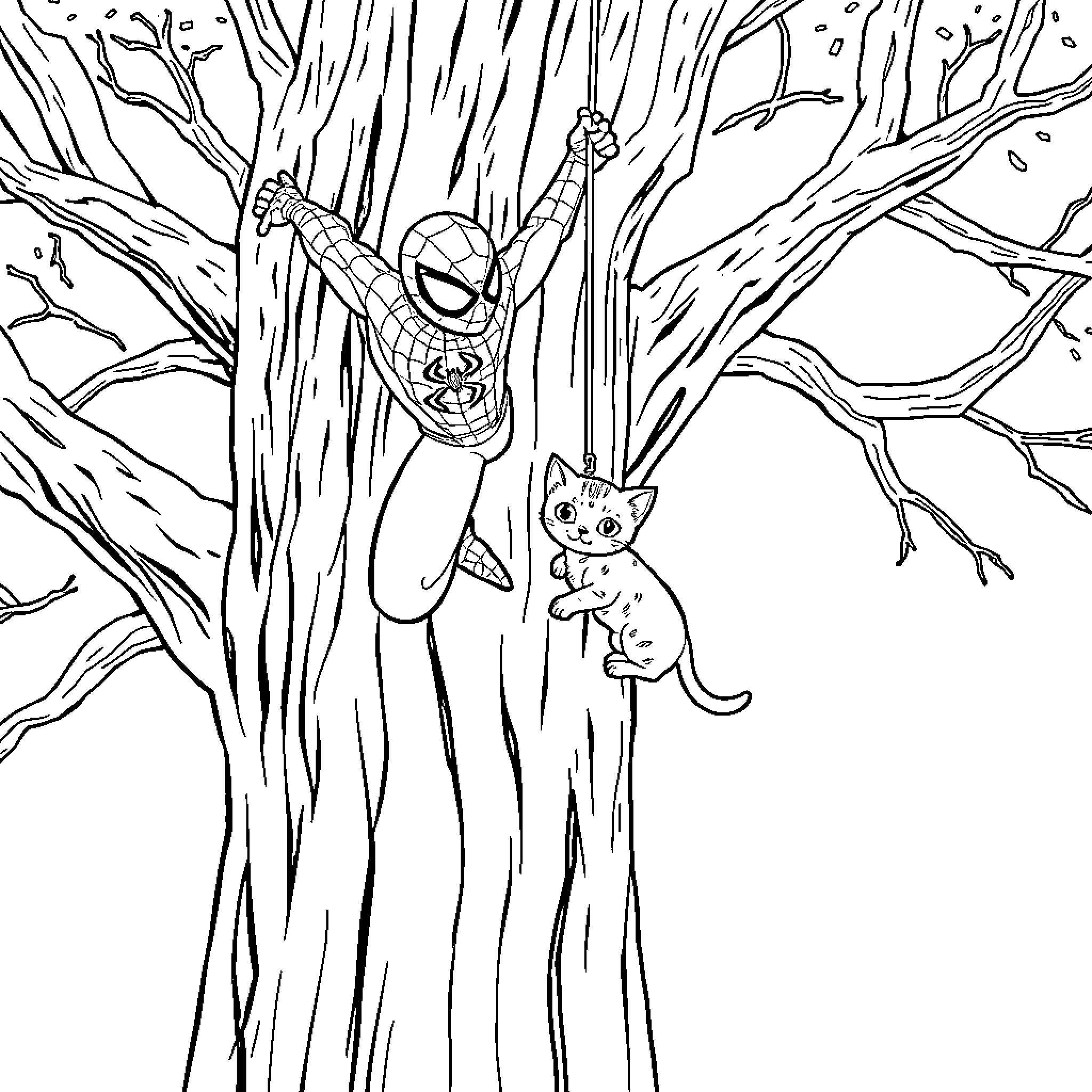 Spider-Man Swinging Through Treacherous Forest with Kitten Coloring Page (free black-and-white line drawing printable PDF for all, from beginners to advanced learners, including children, teens, adults, and seniors)
